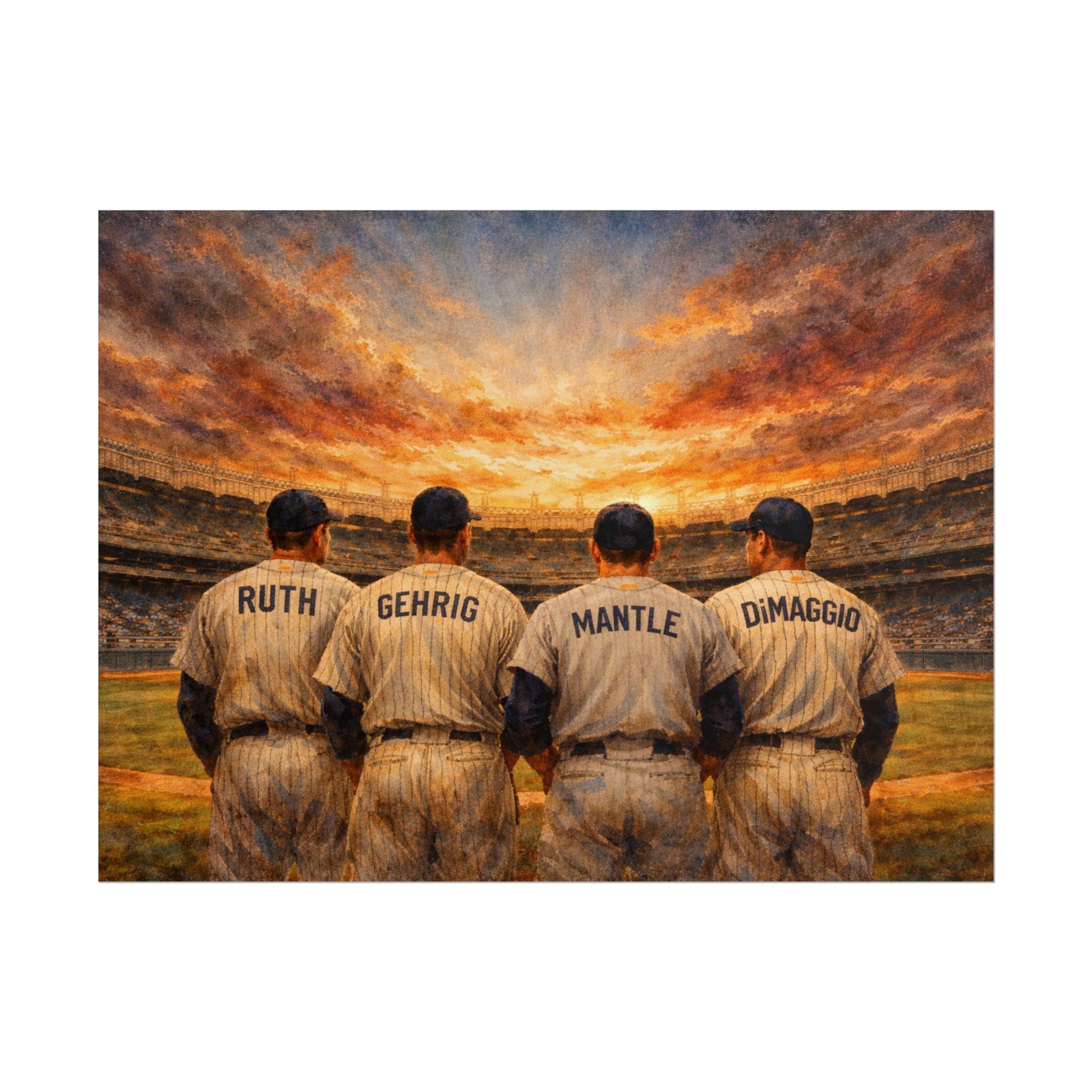 New York sports legends in vintage uniforms facing a sunset at a stadium.