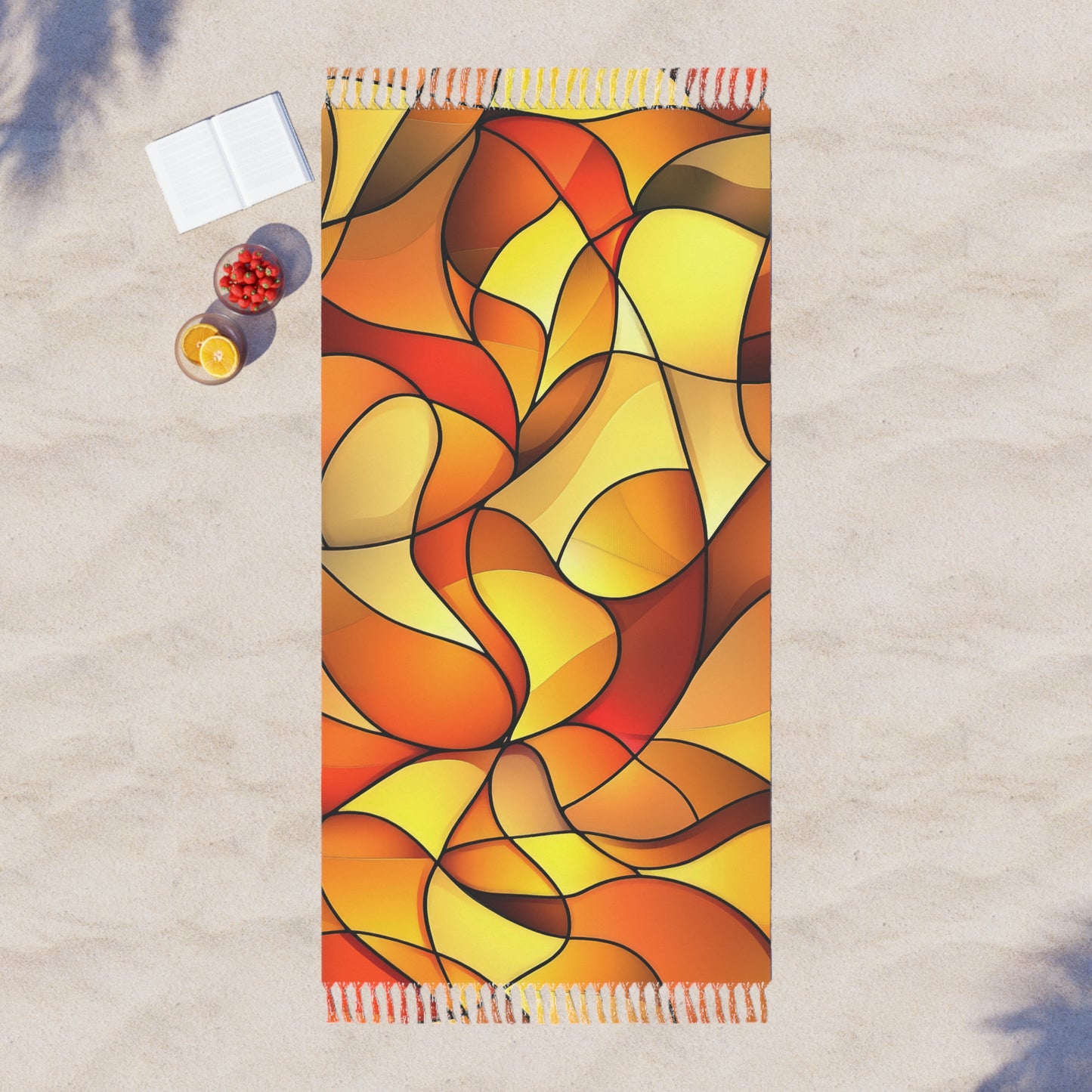 Abstract Boho Beach Throw Blanket | Stained Glass Style Fringe Towel | Artistic Coastal Decor