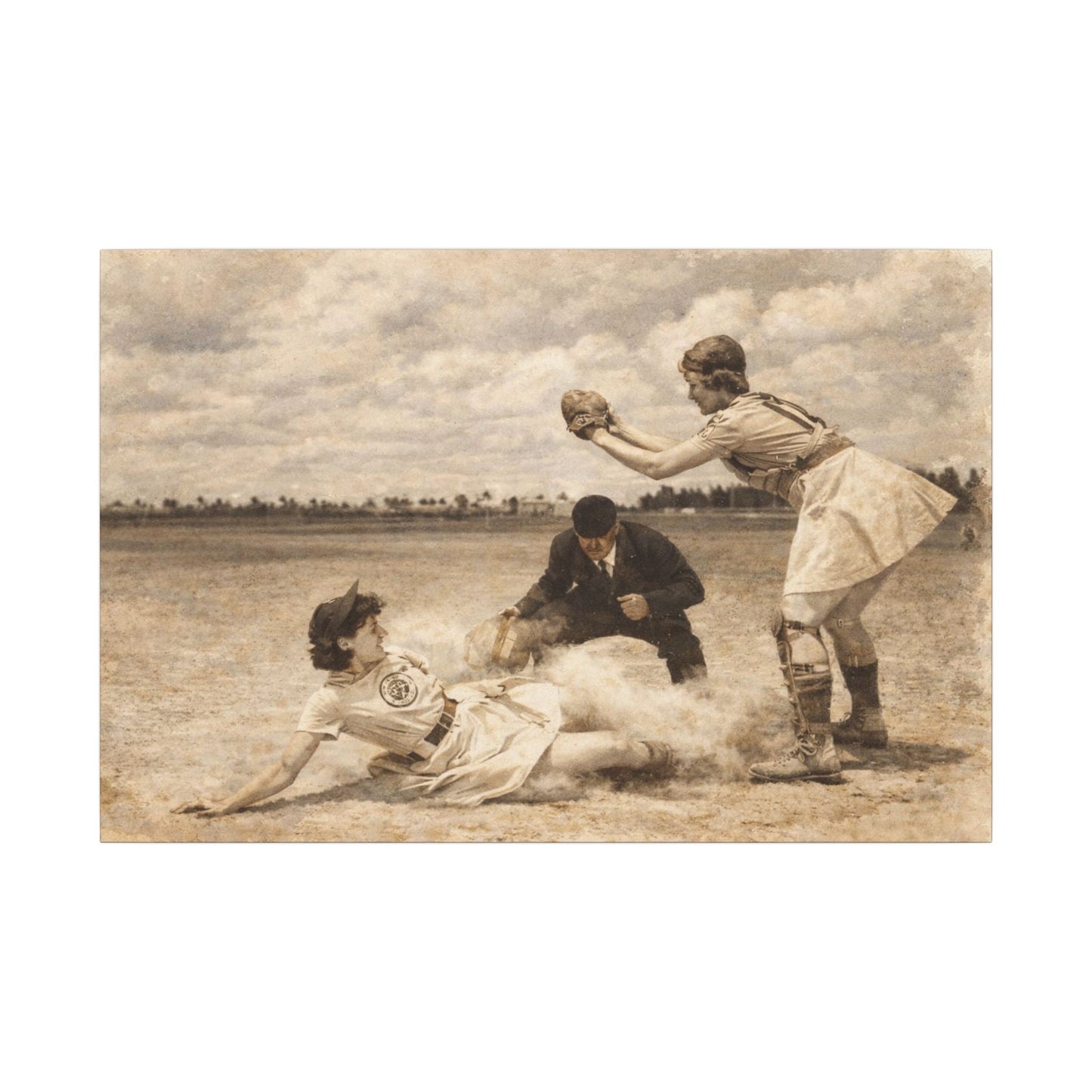 Vintage black and white photograph of a baseball game with a player sliding into home plate and another player catching the ball.