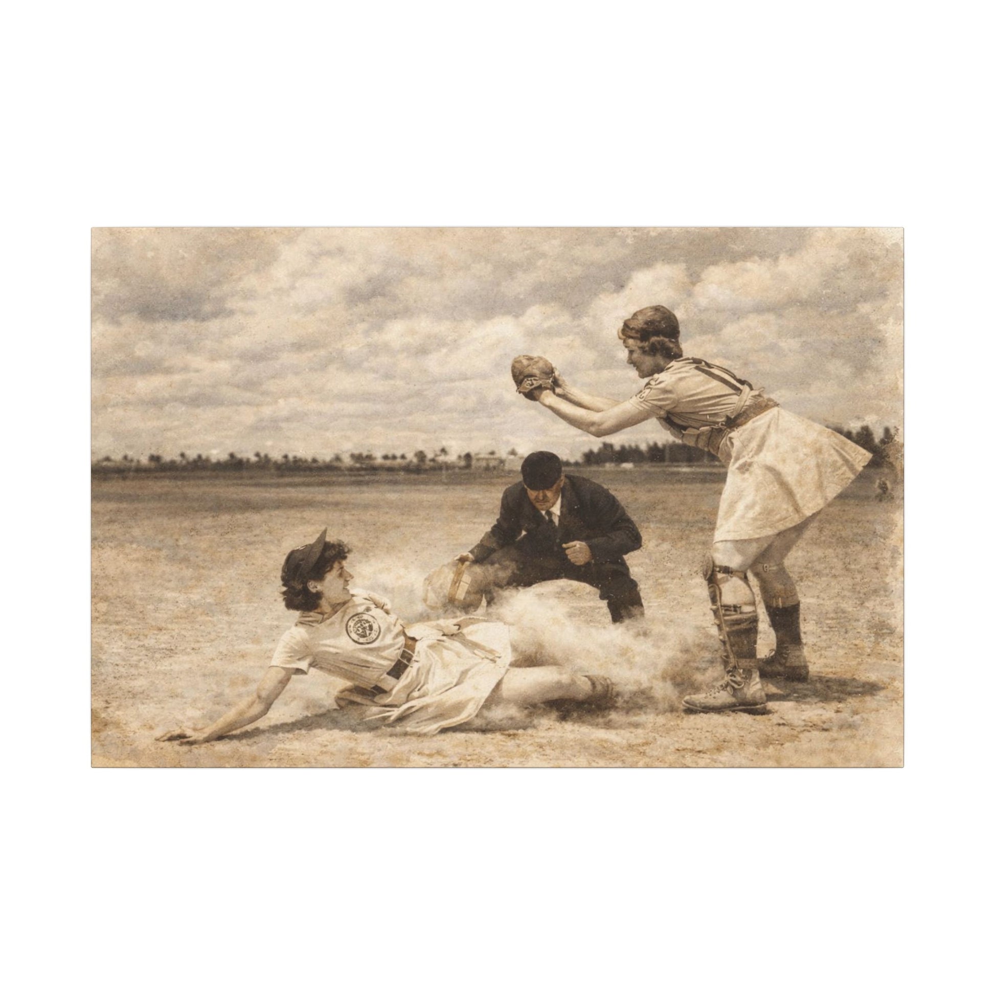 Vintage black and white photograph of a baseball game with a player sliding into home plate and another player catching the ball.