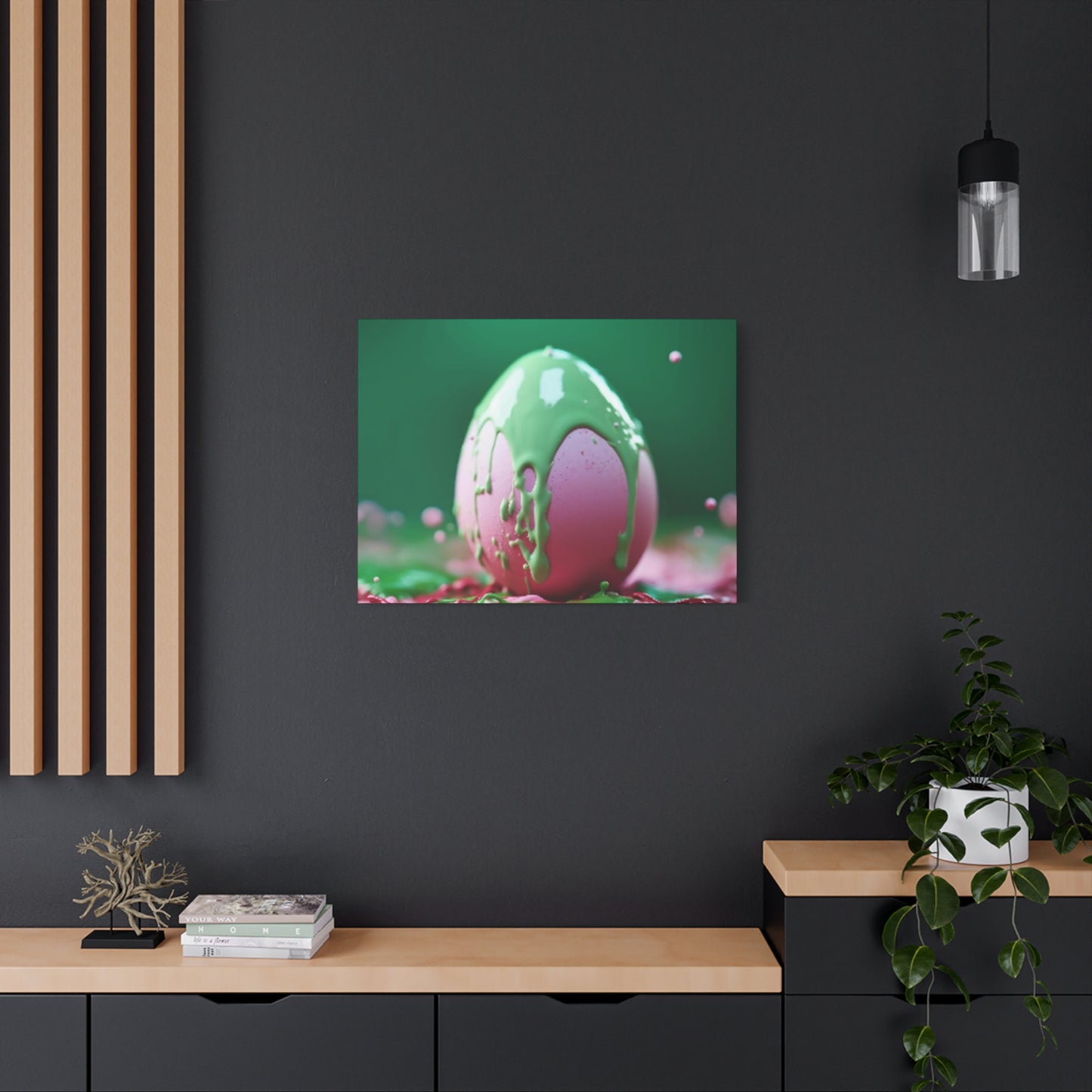 Canvas Wall or Mantle Art Pink Easter Egg with Green Paint Spring Home Decor