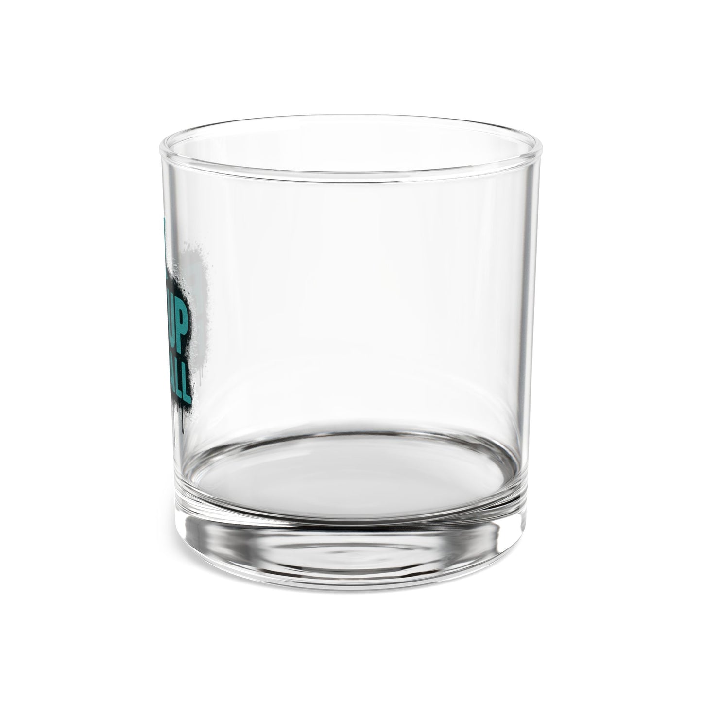 Clear glass tumbler with a logo on a white background
