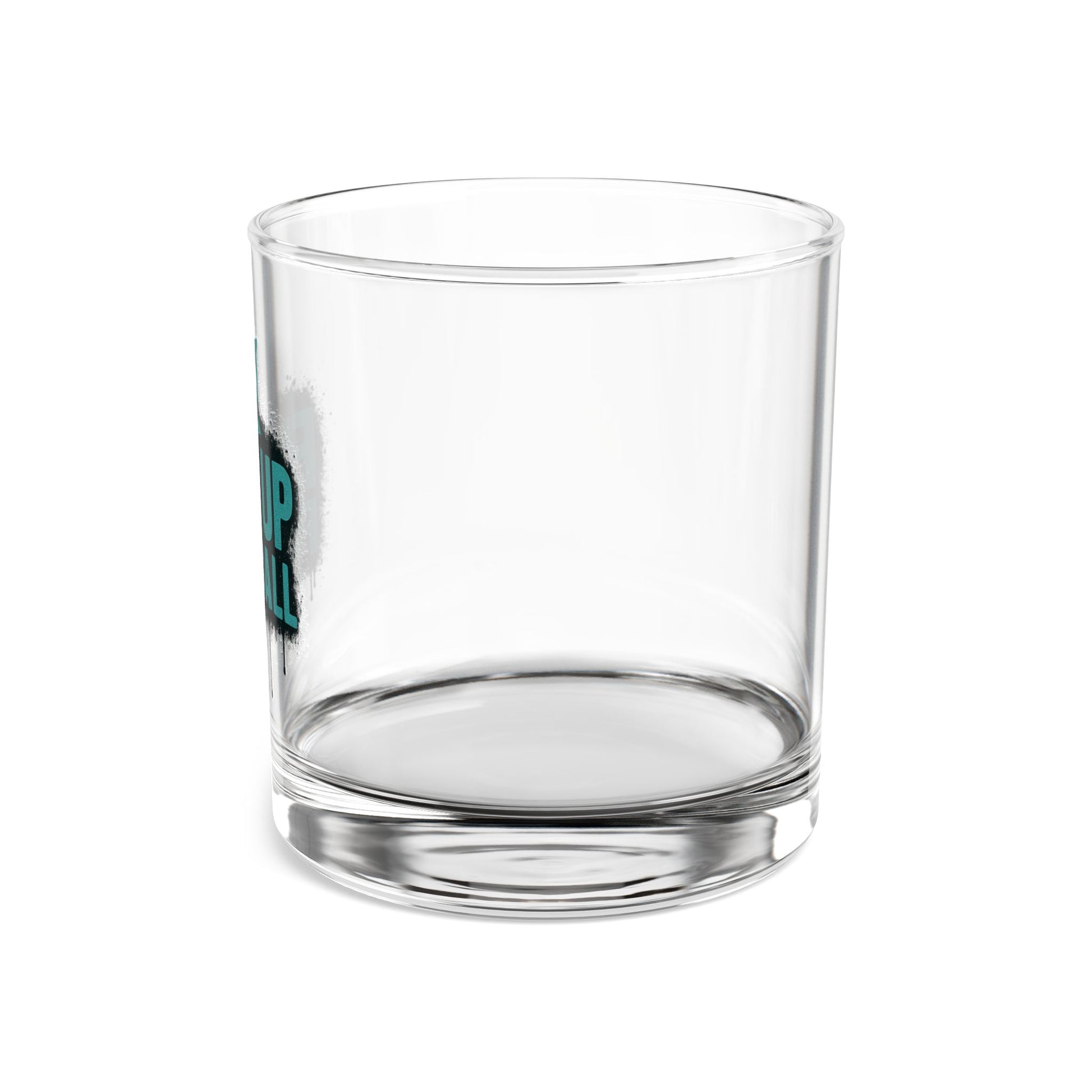 Clear glass tumbler with a logo on a white background