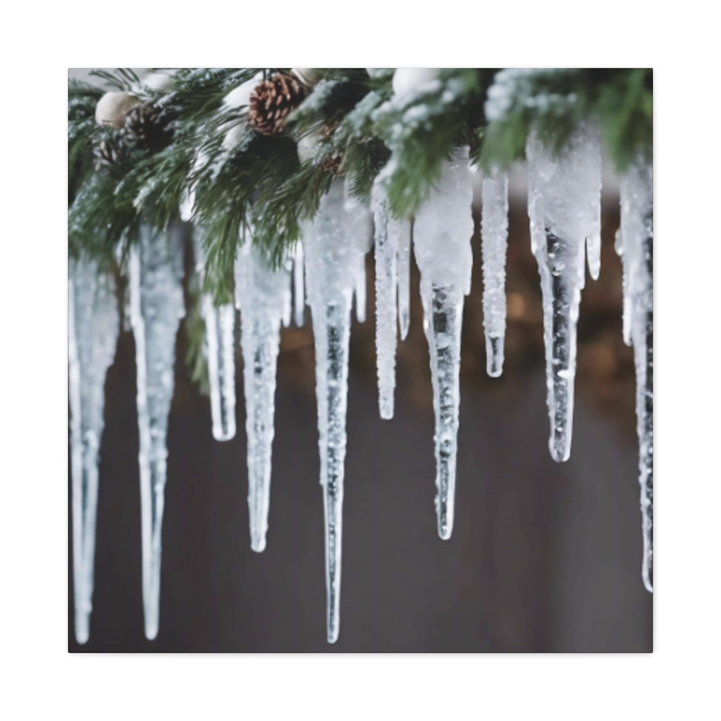 Winter Icicles Pine Branch Canvas Art: Holiday Home Decor, Stretched, 1.25"