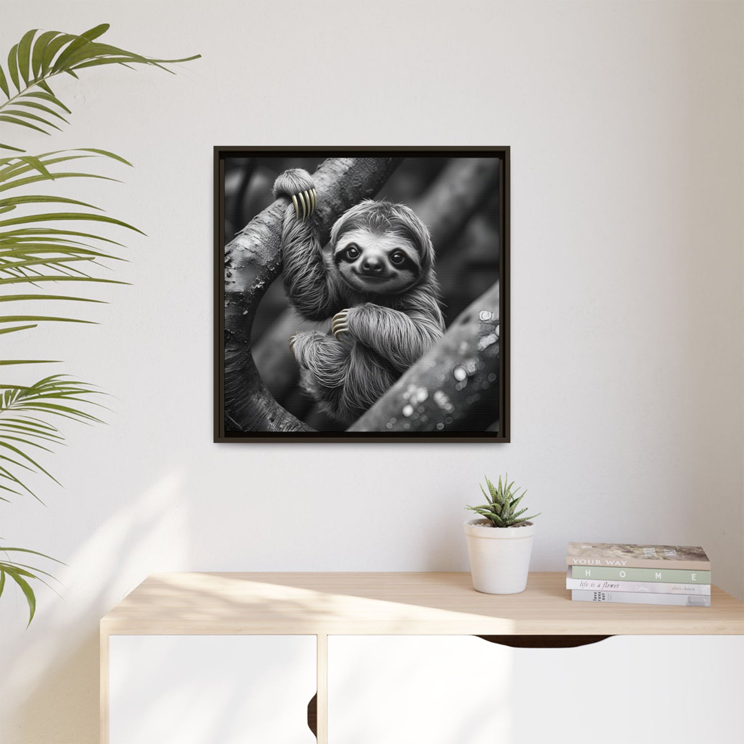 Smiling Sloth Hanging on Tree Branch Wall Art on Framed Canvas, Sloth Lover Gift, Nursery Decor, Wildlife Artwork
