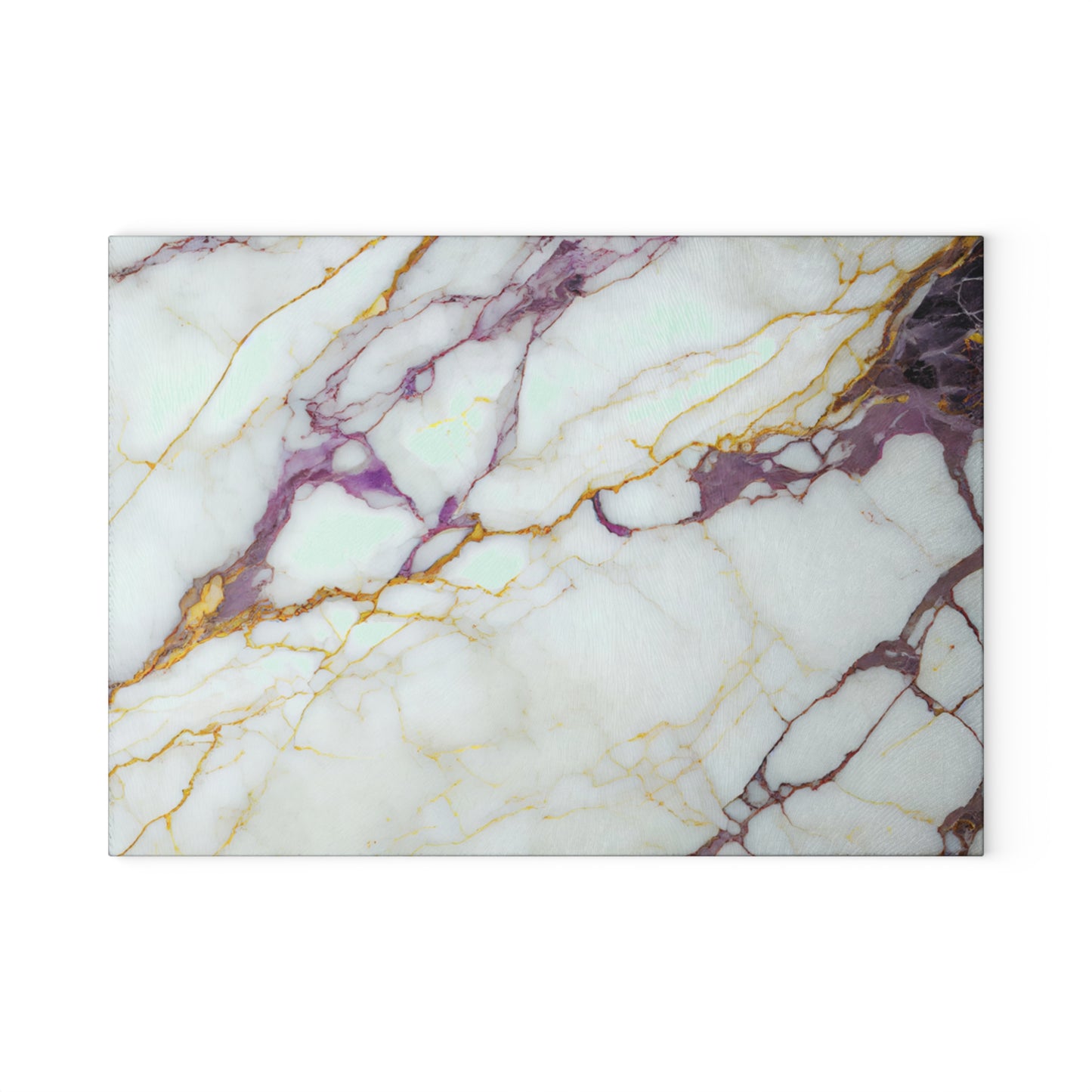 Marble-patterned surface with gold and purple veins on a white background