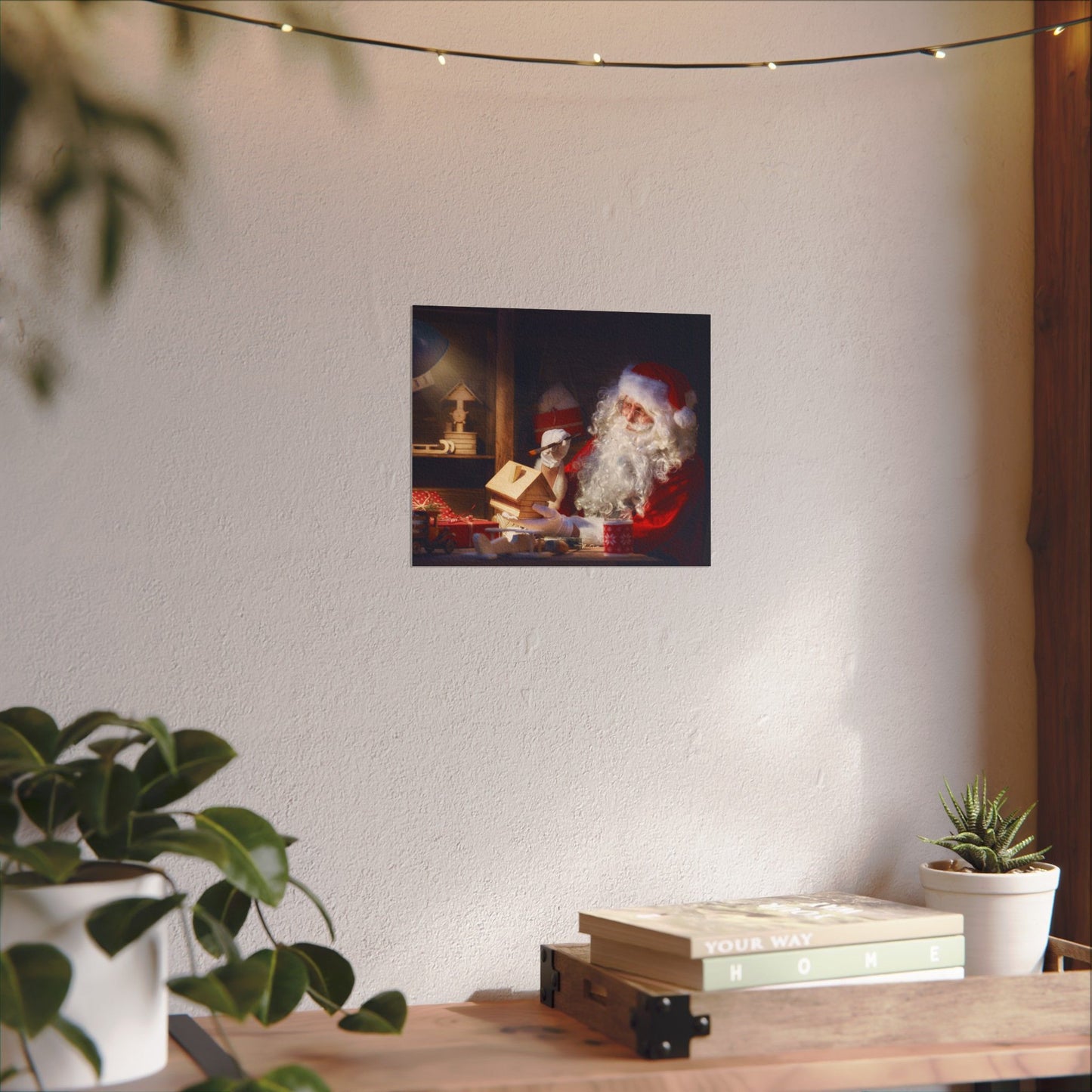 Santa's Workshop Poster, Christmas Wall Art of Santa Making Toys, Vintage Holiday Print, Santa Claus in Toy Shop, Festive Christmas Poster