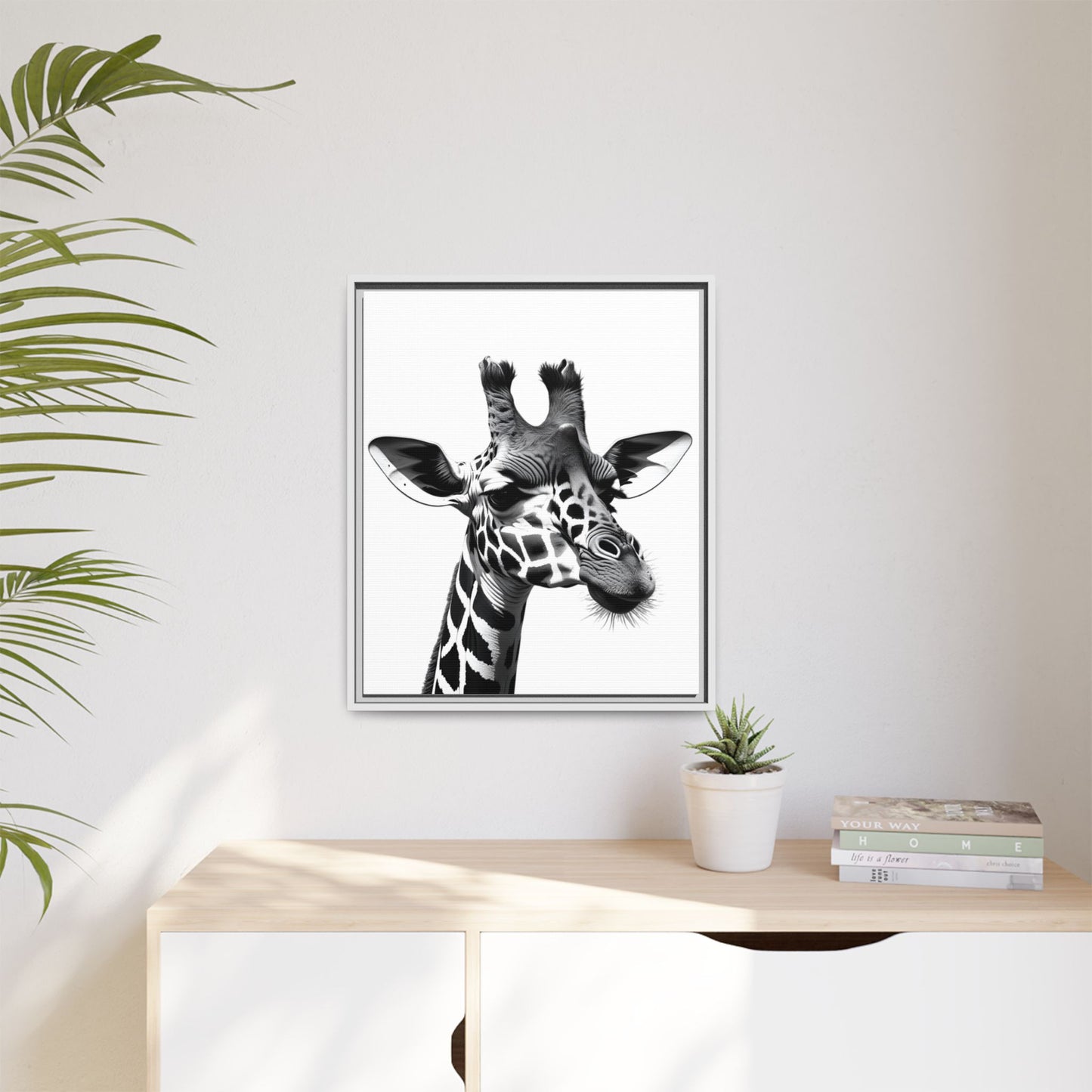 Black and White Giraffe Wall Art – Framed Safari Animal Canvas Print