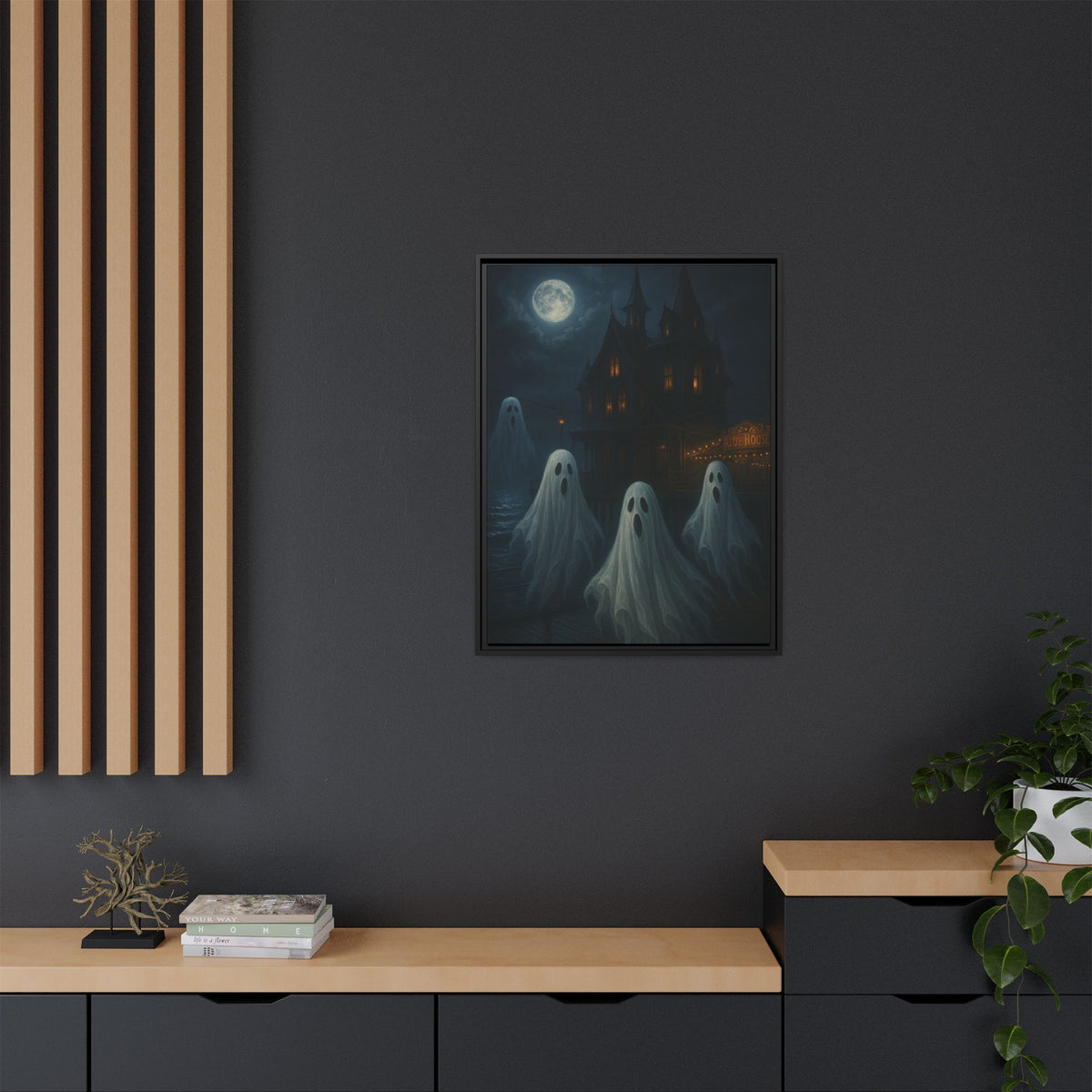 Haunted House Ghost Canvas Wall Art – Spooky Halloween Framed Art, Vintage Horror Decor, Gothic Night Scene Print