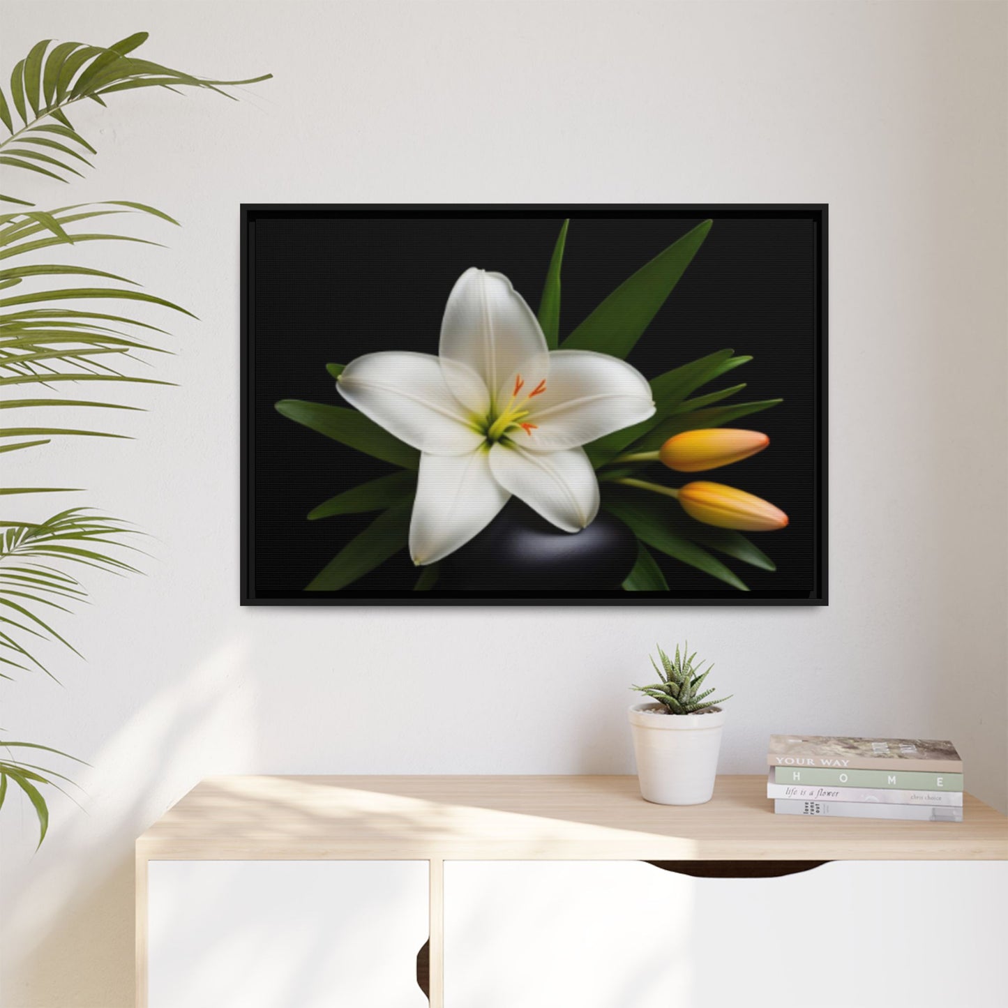 White Lily Wall Art Canvas Print Framed | Elegant Floral Wall Decor for Bedroom, Living Room, Bathroom