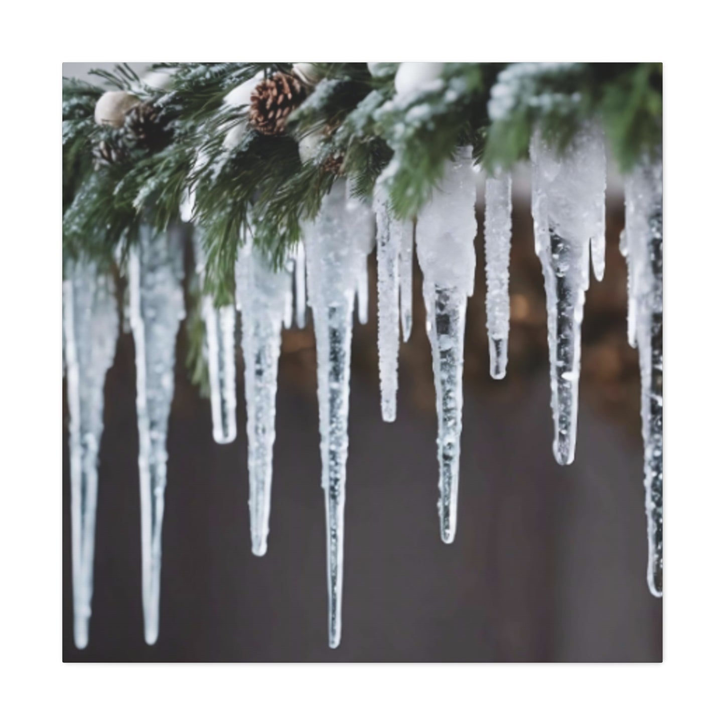 Winter Icicles Pine Branch Canvas Art: Holiday Home Decor, Stretched, 1.25"