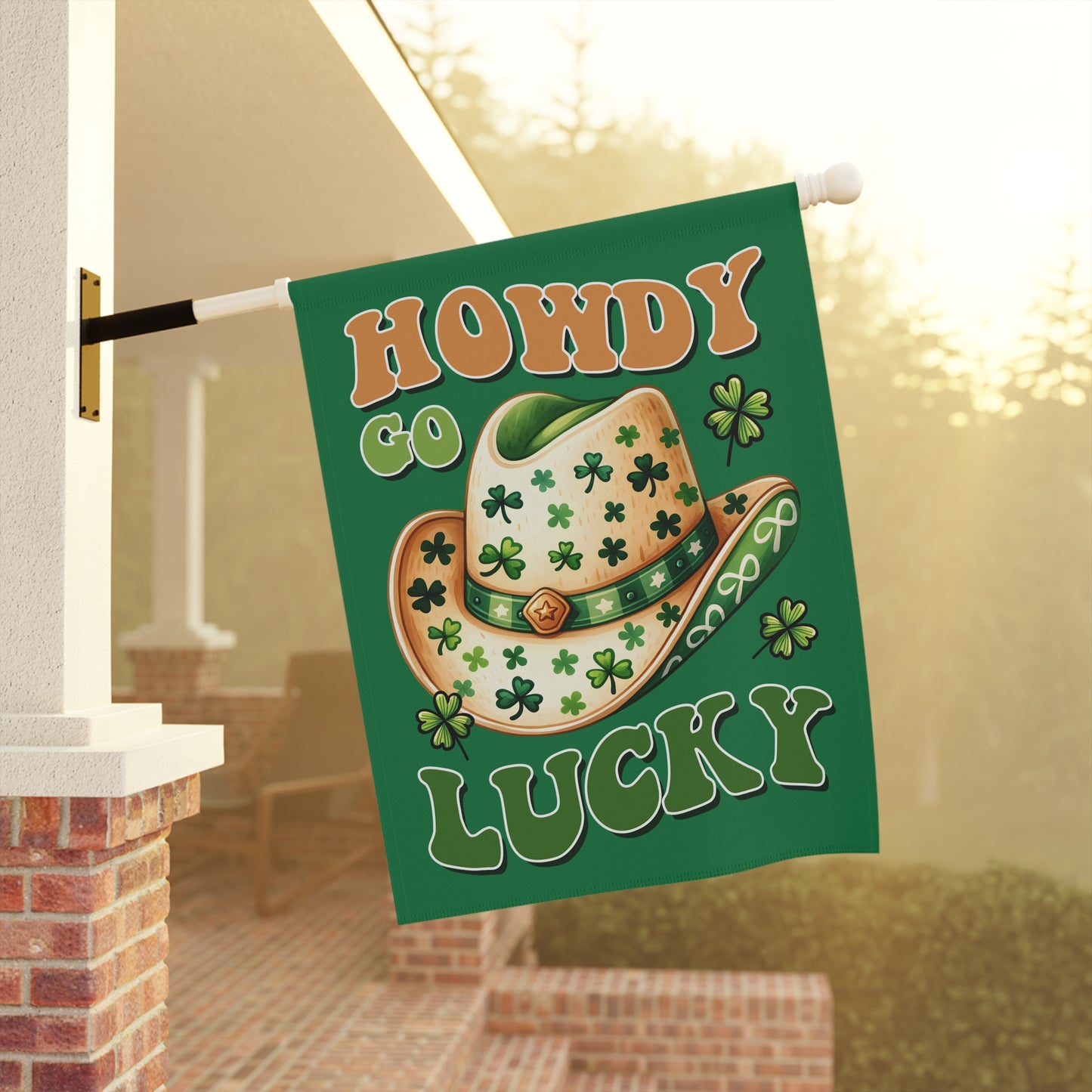 Howdy Go Lucky St. Patrick’s Day Garden Flag | Shamrock Cowboy Hat Yard Flag | Irish Western Outdoor Decor | Funny St Patricks Flag