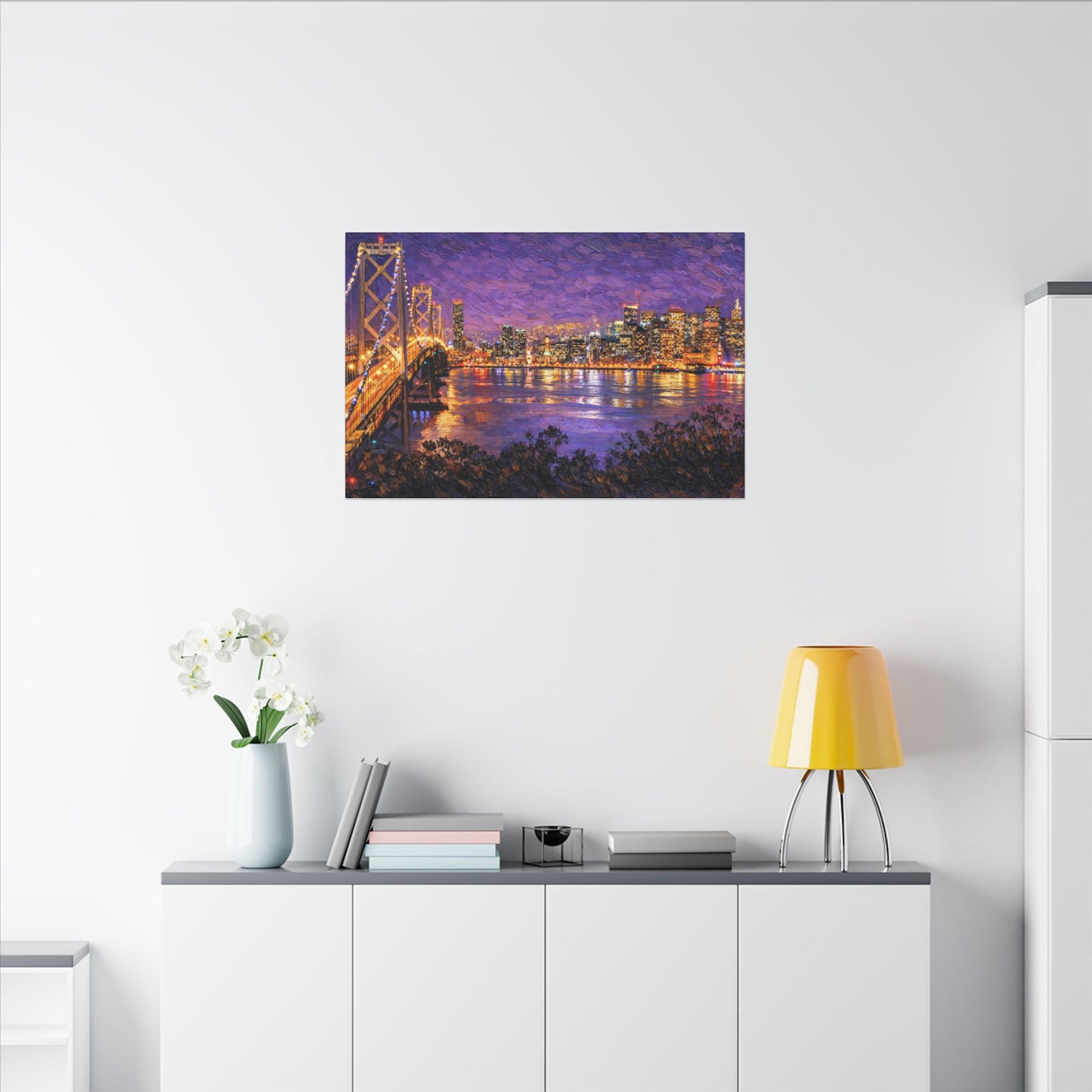 San Francisco Skyline Canvas Wall Art, Bay Bridge Night Painting, Impasto Style Artwork