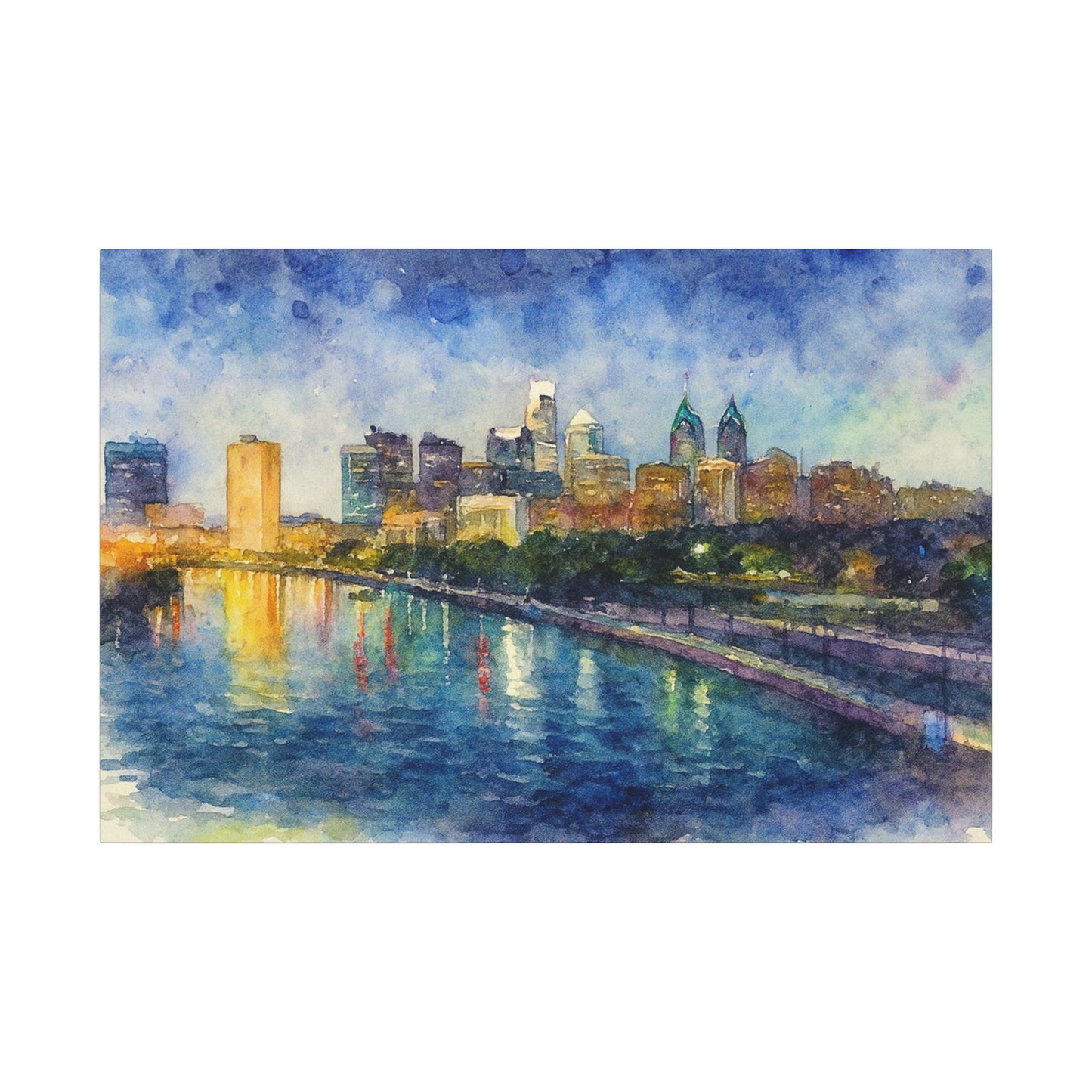 City skyline reflected in water with a colorful sky