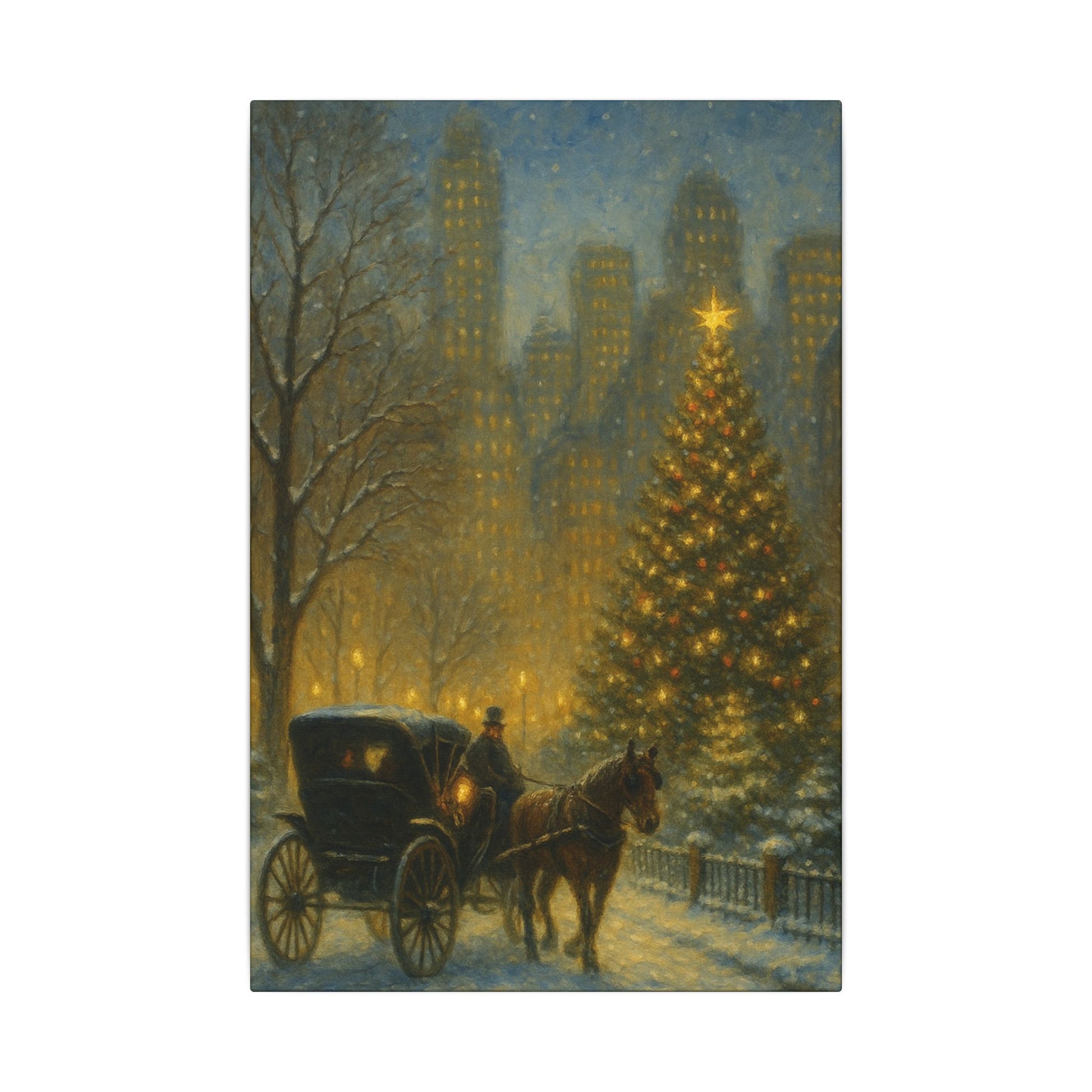 Vintage carriage in a snowy city street with a Christmas tree and tall buildings in the background.