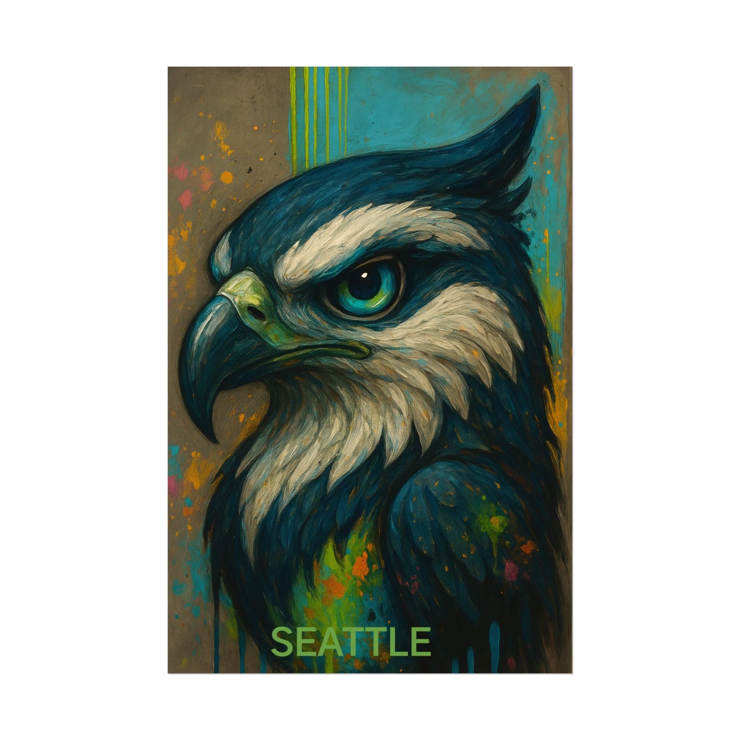 Colorful painting of an eagle with 'Seattle' text on a white background