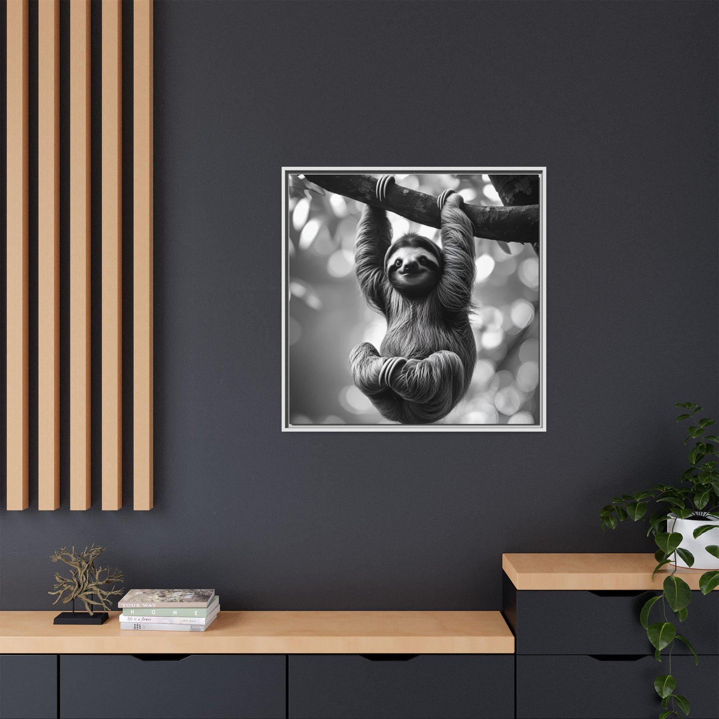 Black and White Sloth Framed Canvas Wall Art, Minimalist Animal Print, Modern Jungle Wildlife Home Decor, Sloth Lover Gift, Monochrome Image