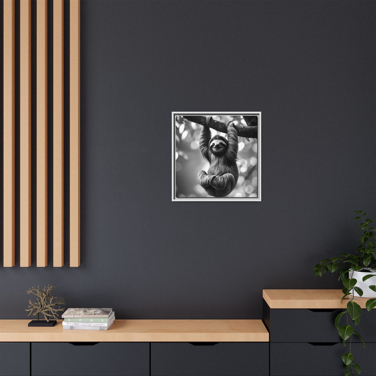 Black and White Sloth Framed Canvas Wall Art, Minimalist Animal Print, Modern Jungle Wildlife Home Decor, Sloth Lover Gift, Monochrome Image