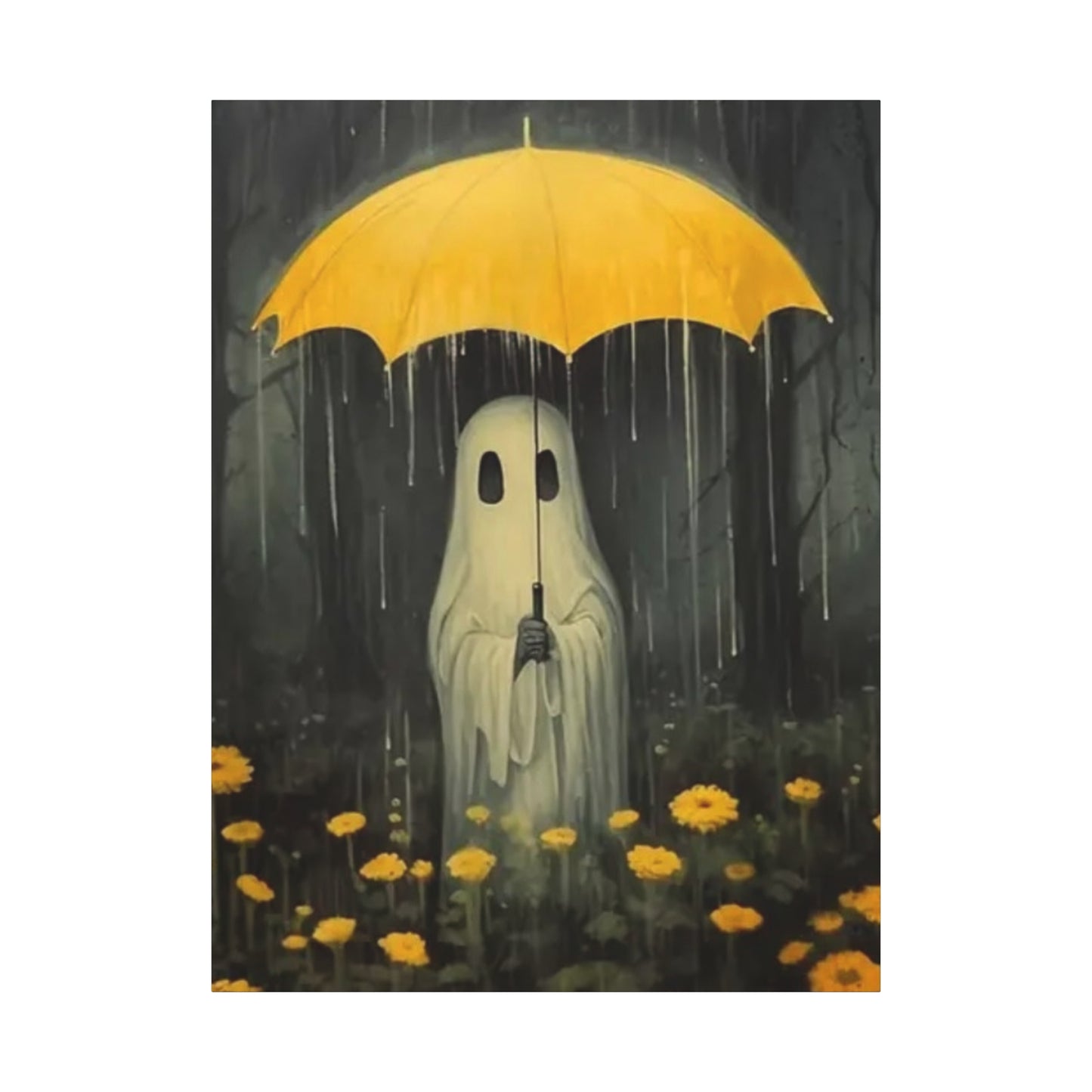 Ghost holding a yellow umbrella in a rain-soaked forest with yellow flowers.