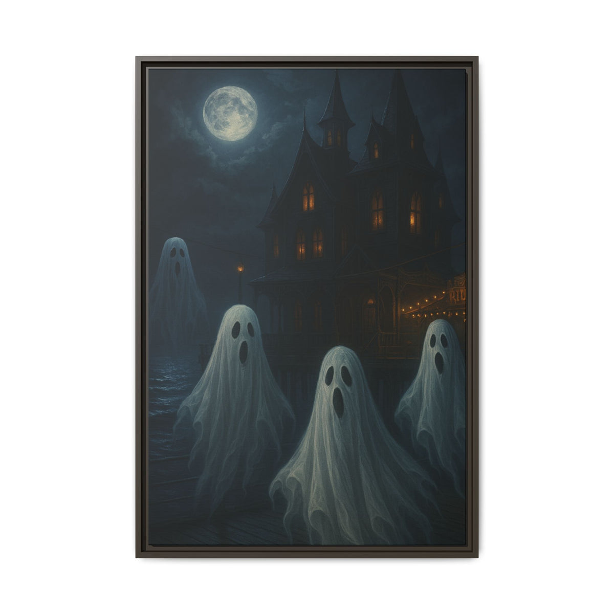 Haunted House Ghost Canvas Wall Art – Spooky Halloween Framed Art, Vintage Horror Decor, Gothic Night Scene Print