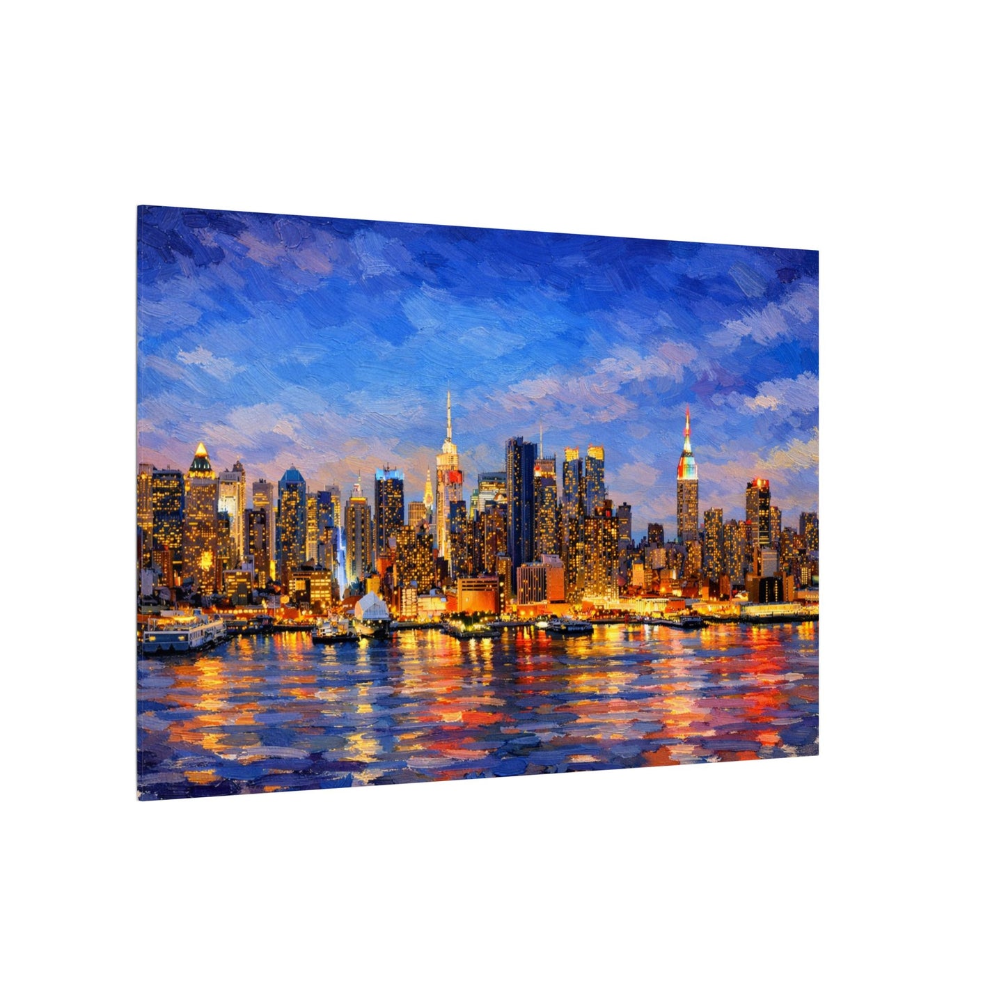 New York City Skyline Canvas Wall Art – Night Waterfront Impasto Cityscape Painting