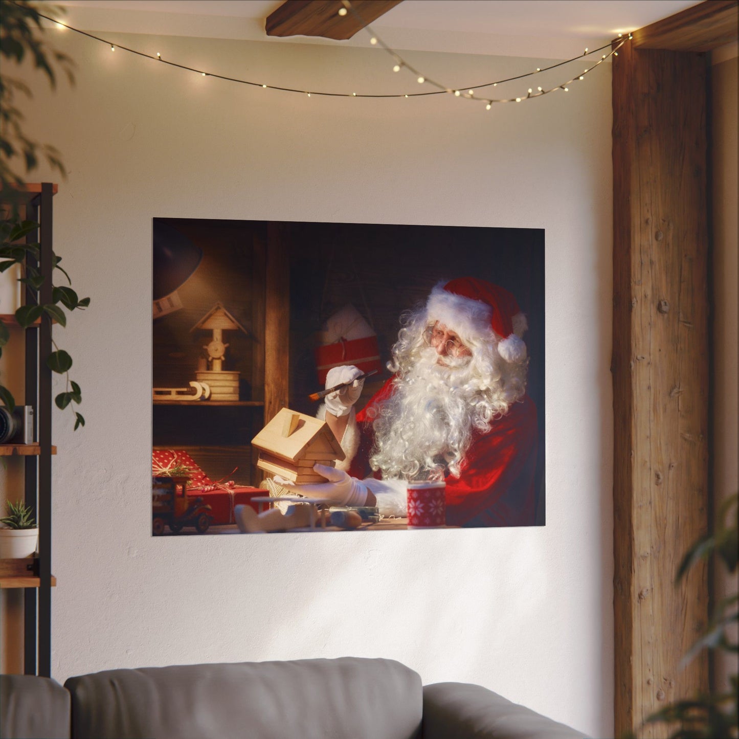 Santa's Workshop Poster, Christmas Wall Art of Santa Making Toys, Vintage Holiday Print, Santa Claus in Toy Shop, Festive Christmas Poster