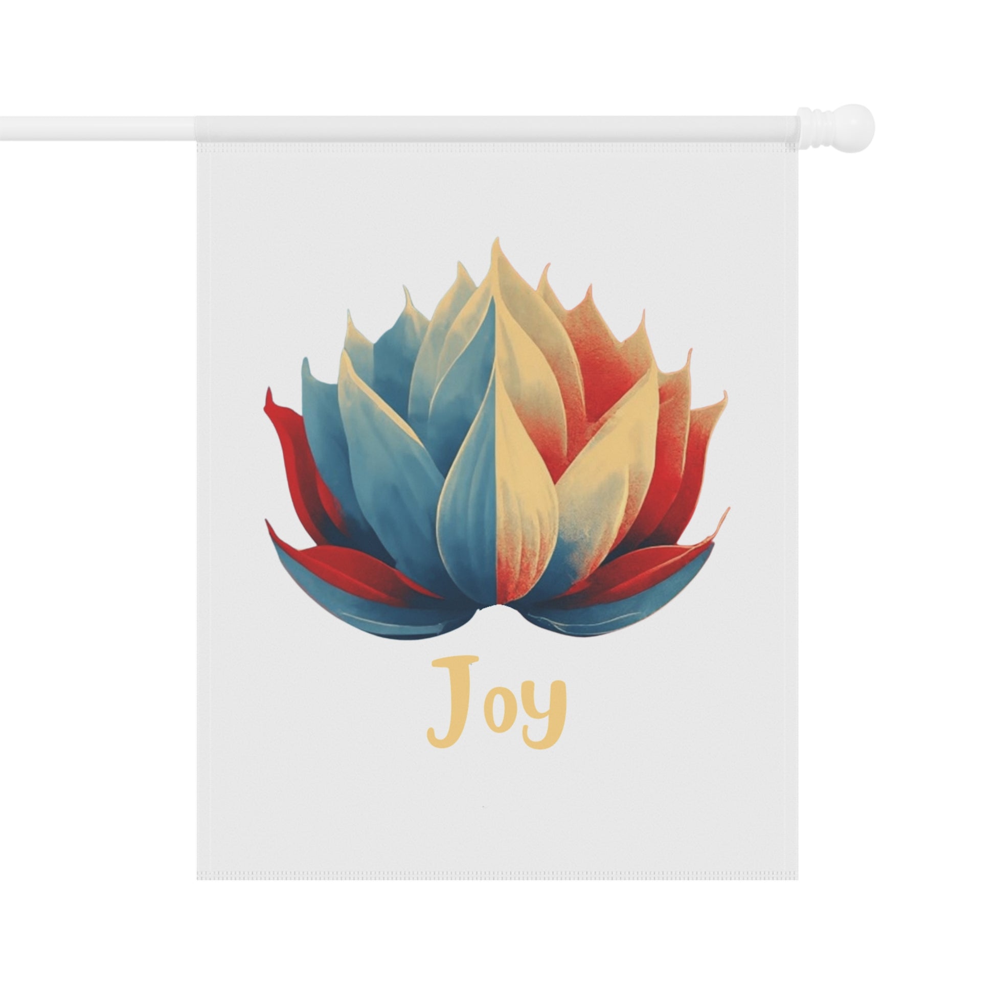 A flag with a colorful lotus flower design and the word 'Joy' printed in the center.