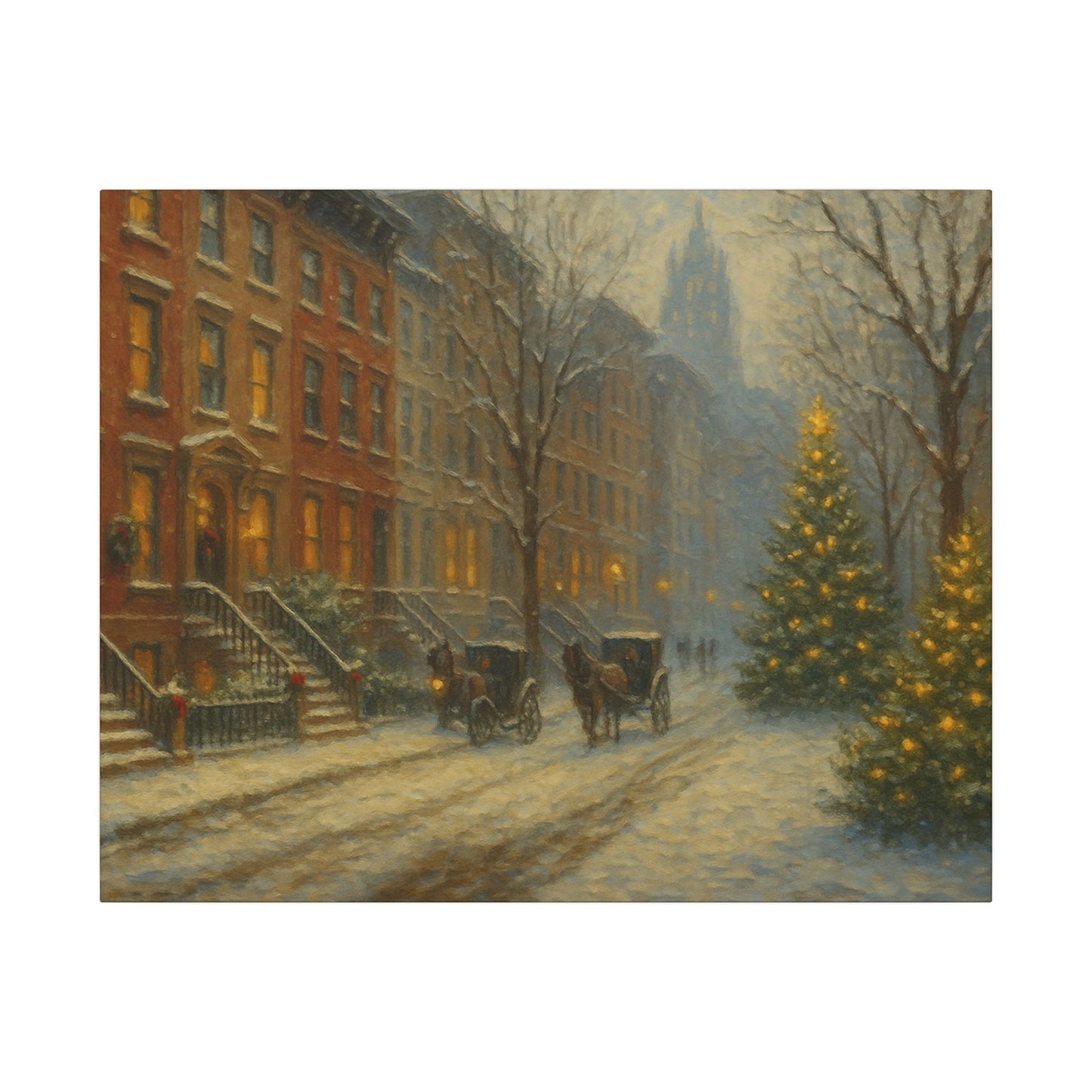 Painting of a snowy street scene with horse-drawn carriages and a Christmas tree.