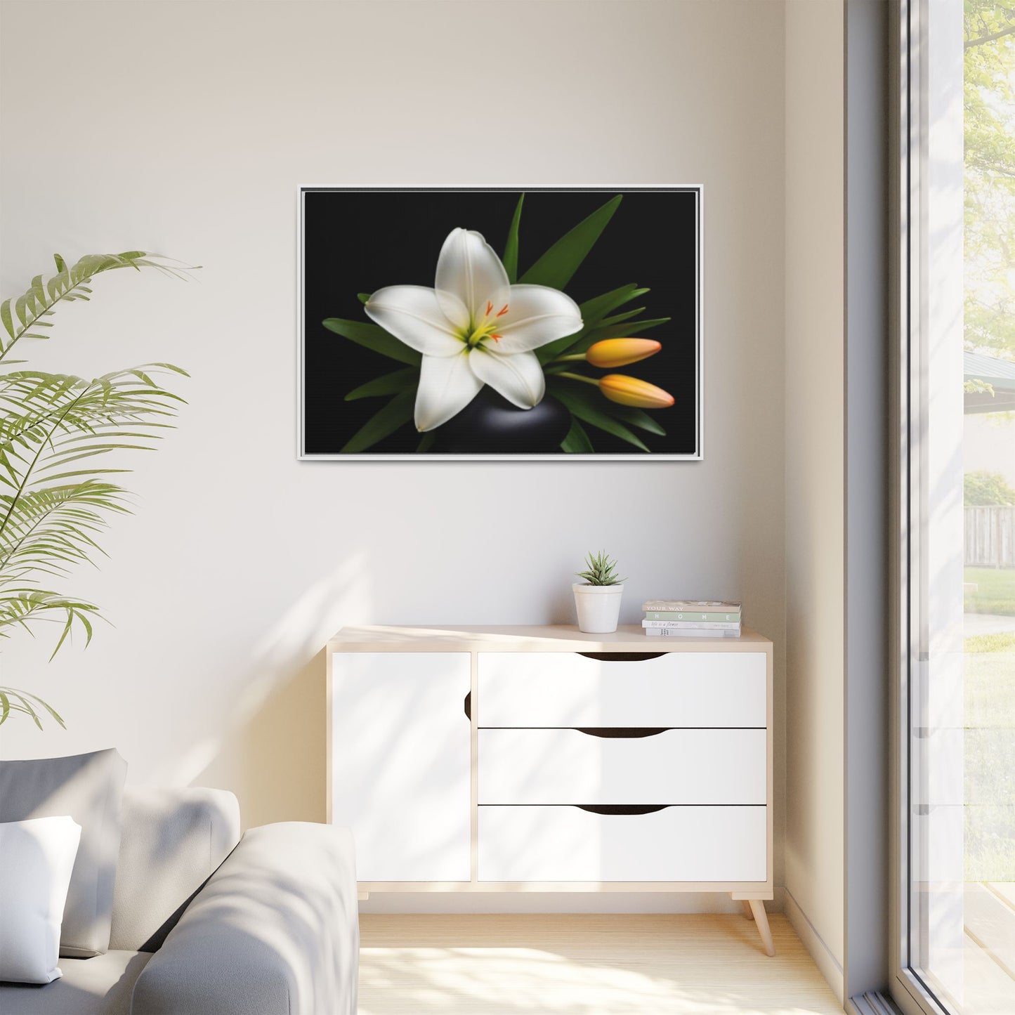 White Lily Wall Art Canvas Print Framed | Elegant Floral Wall Decor for Bedroom, Living Room, Bathroom