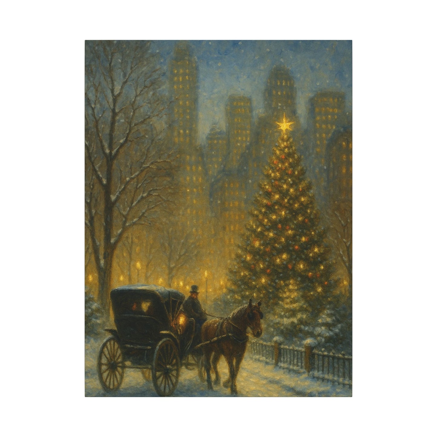 Vintage carriage with horse walking along a snowy path with a Christmas tree and city skyline in the background.