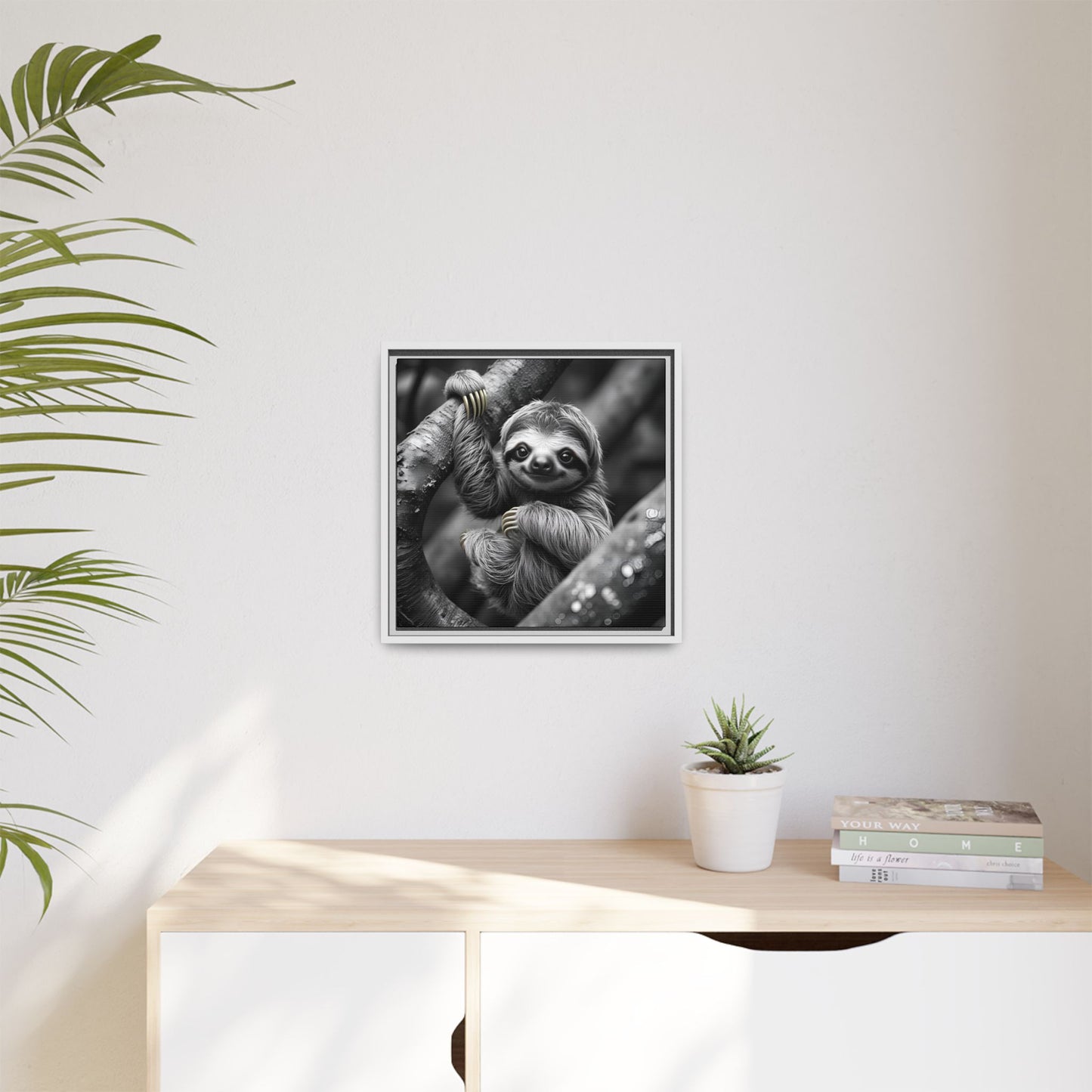 Smiling Sloth Hanging on Tree Branch Wall Art on Framed Canvas, Sloth Lover Gift, Nursery Decor, Wildlife Artwork