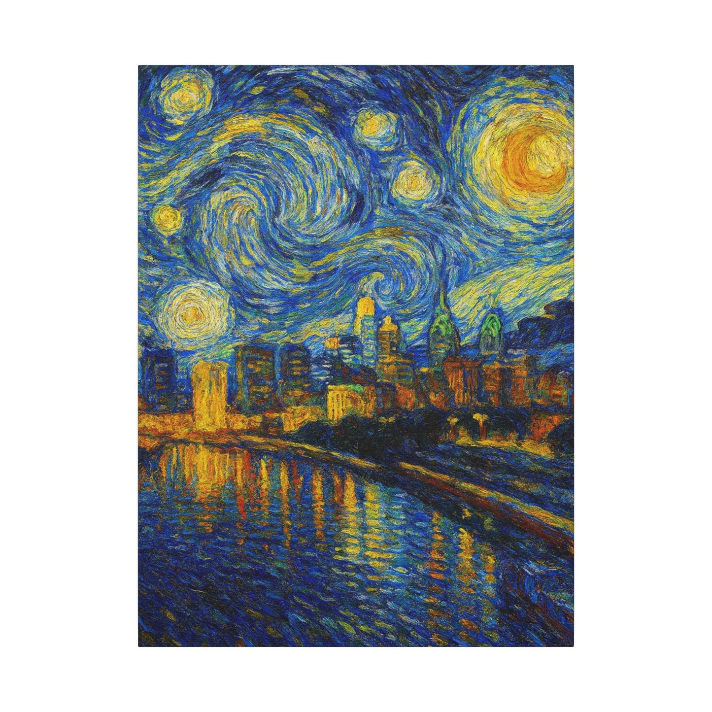 Starry night cityscape with swirling sky and illuminated buildings.
