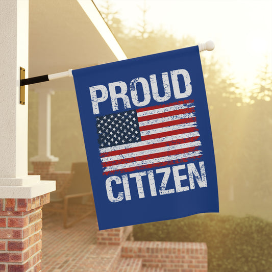 Flag with 'Proud Citizen' text and American flag design on a pole outdoors.