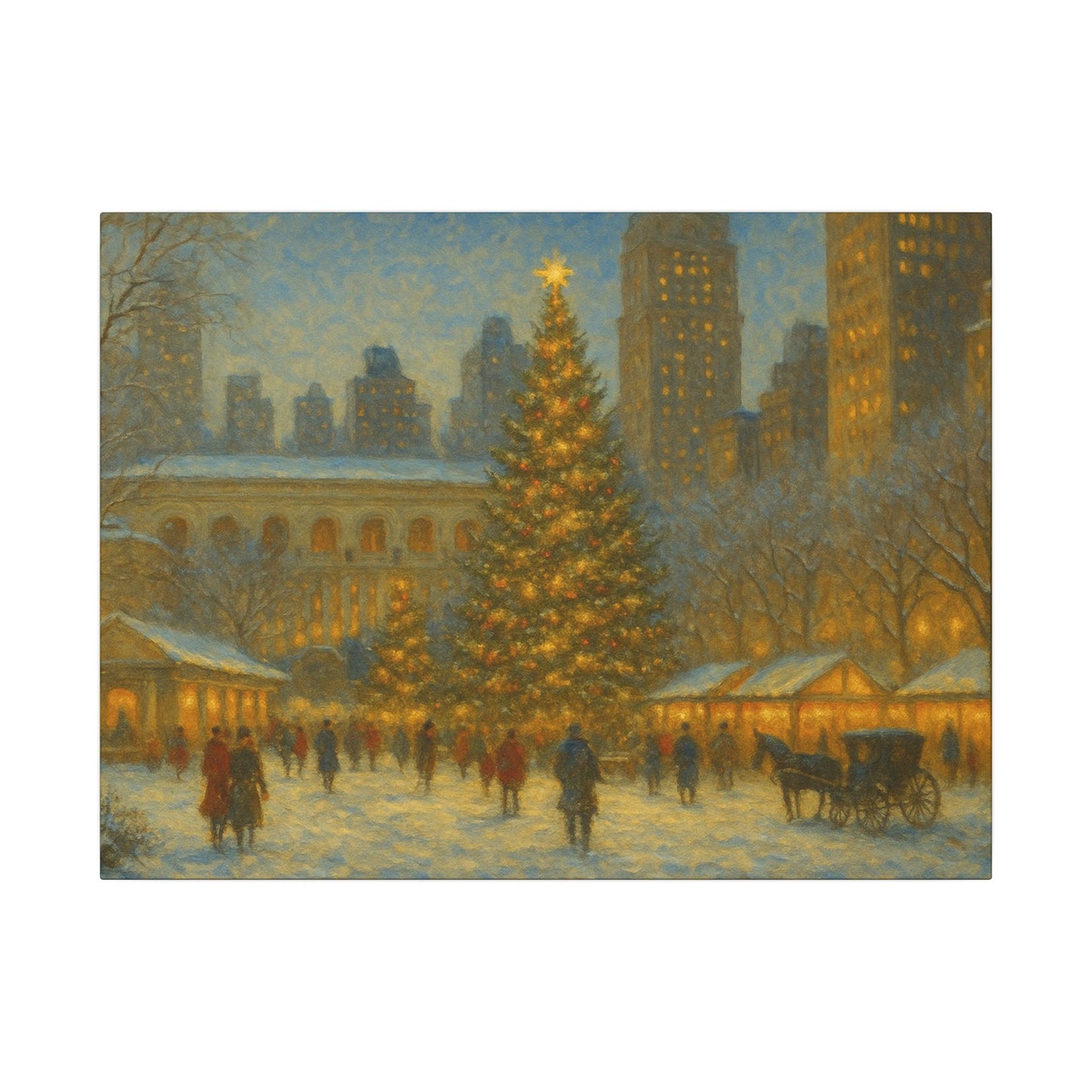 Painting of a snowy city scene with a large lit Christmas tree and people walking around.