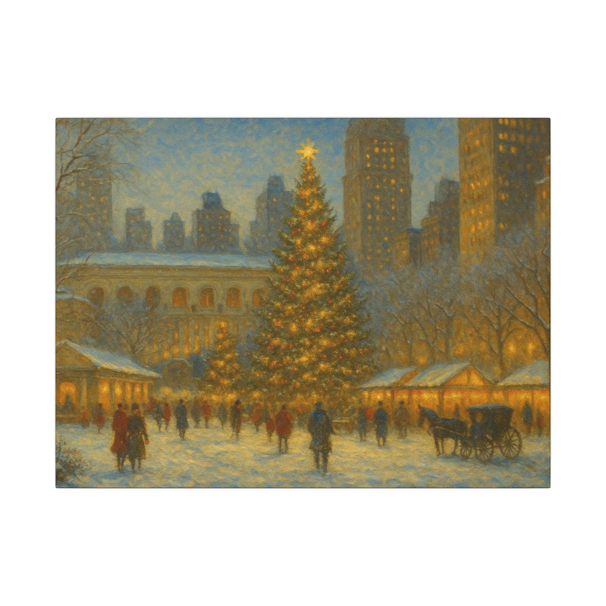 Painting of a snowy city scene with a large lit Christmas tree and people walking around.
