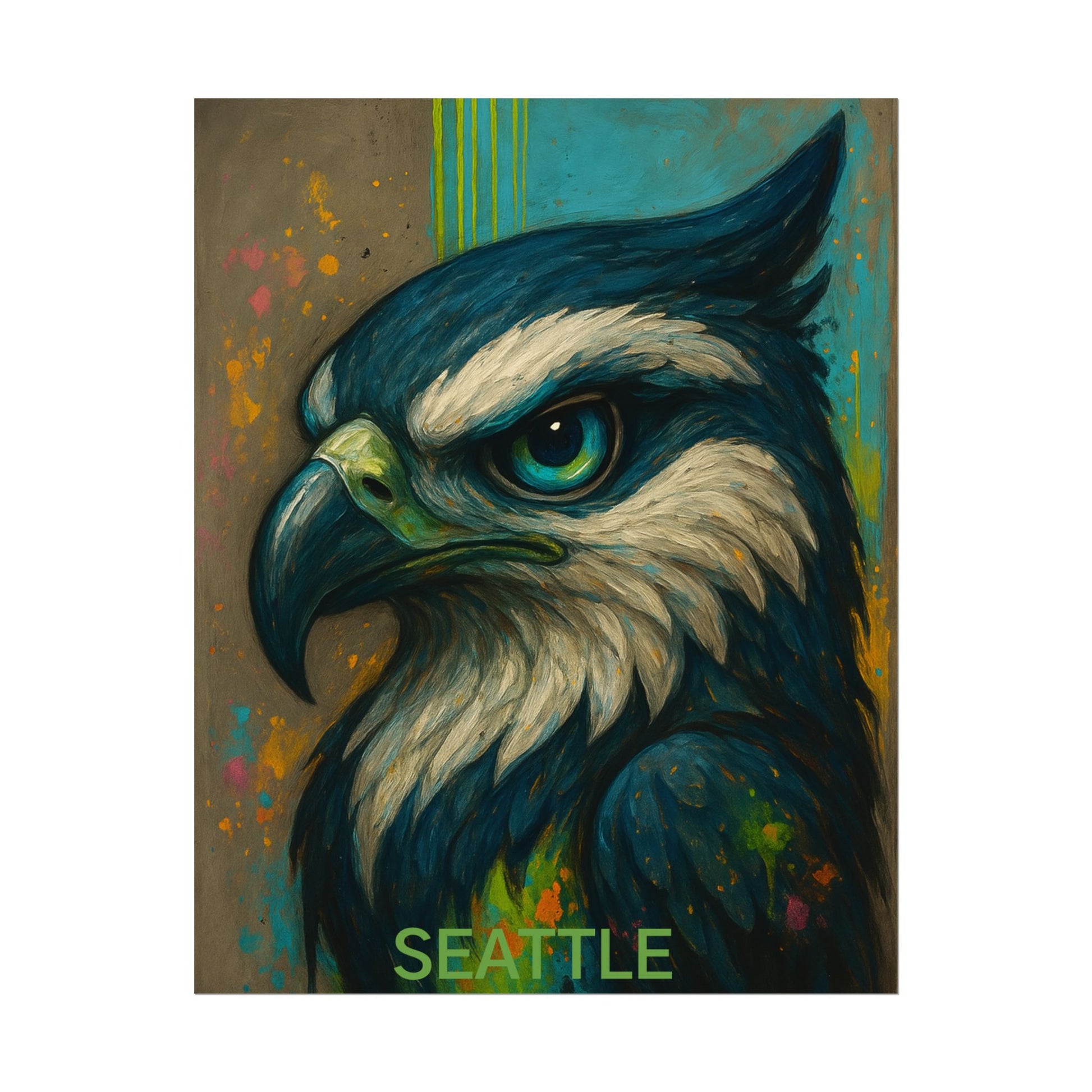 Artistic depiction of an hawk with 'Seattle' text on a colorful background