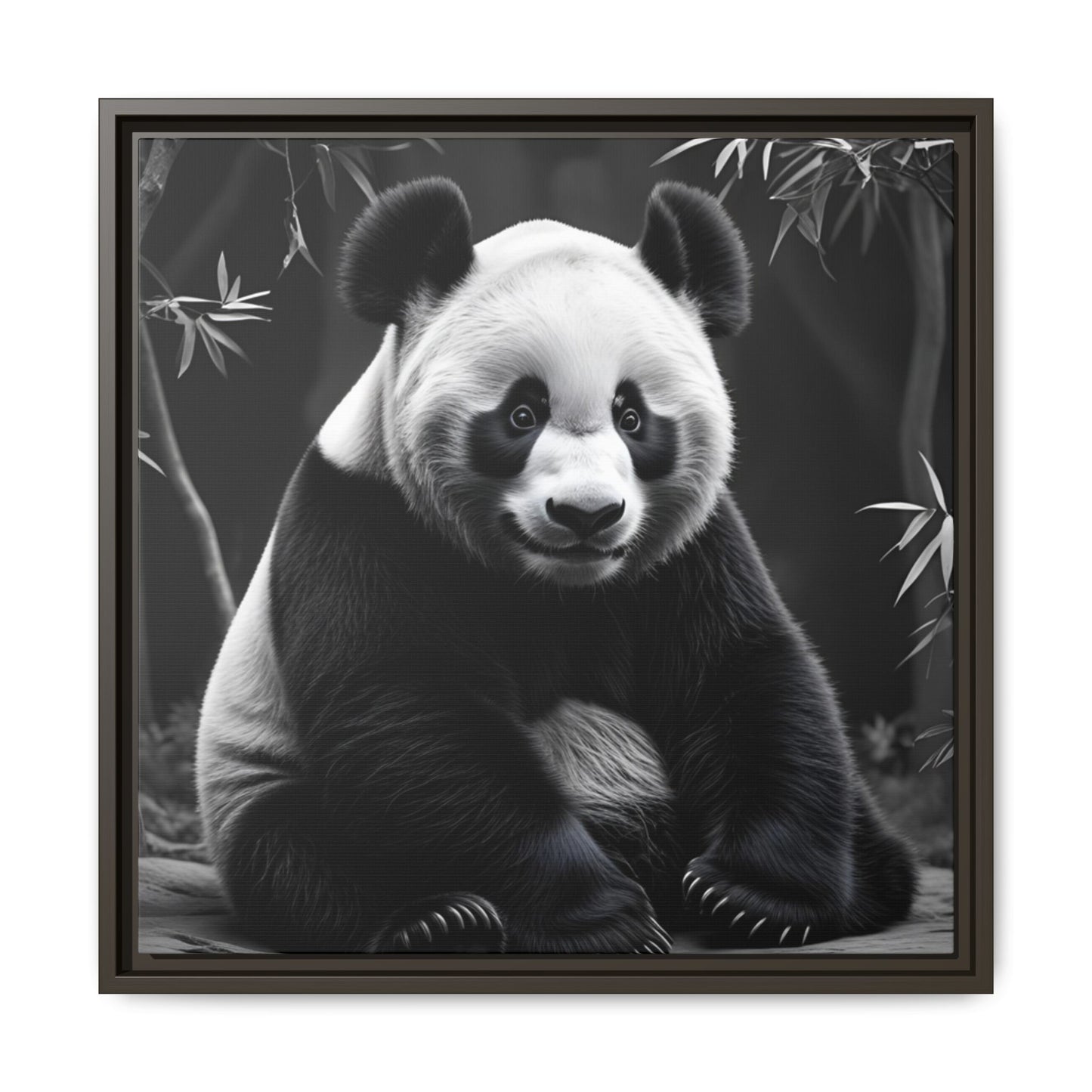 Framed black and white photograph of a panda bear