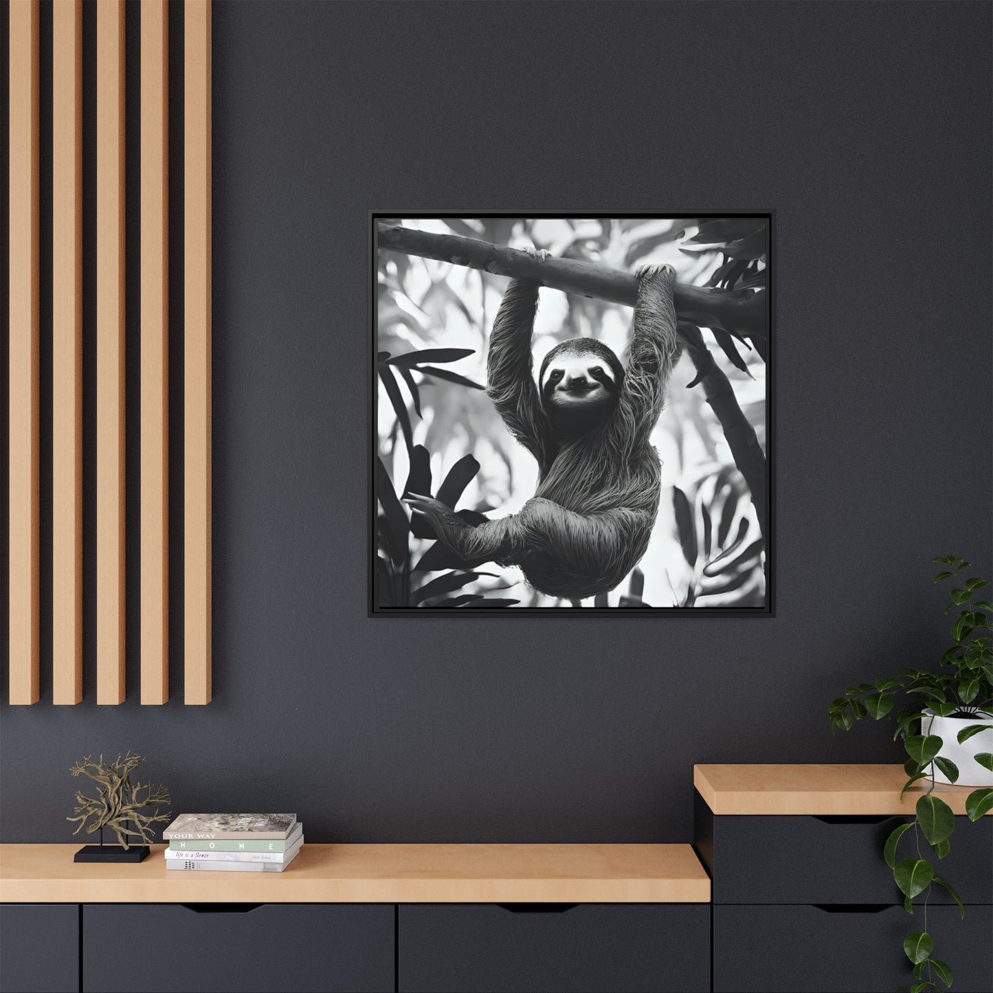 Playful Sloth Hanging from Tree Branch Black & White Animal Wall Art, Cute Sloth Photography Print, Jungle Theme Home Deco
