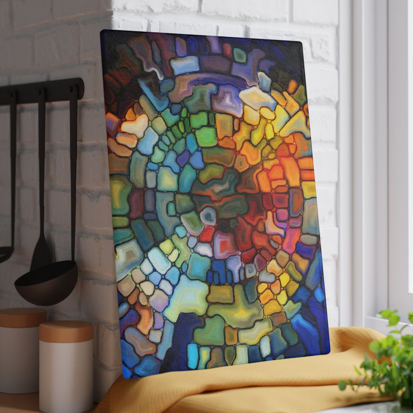 Stained Glass Mosaic Spiral Glass Cutting Board | Colorful Abstract Kitchen Decor