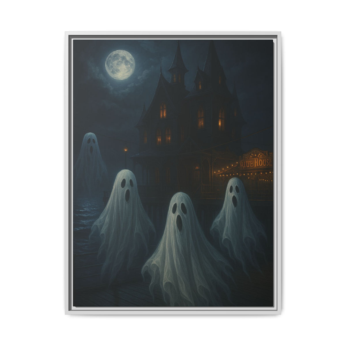 Haunted House Ghost Canvas Wall Art – Spooky Halloween Framed Art, Vintage Horror Decor, Gothic Night Scene Print