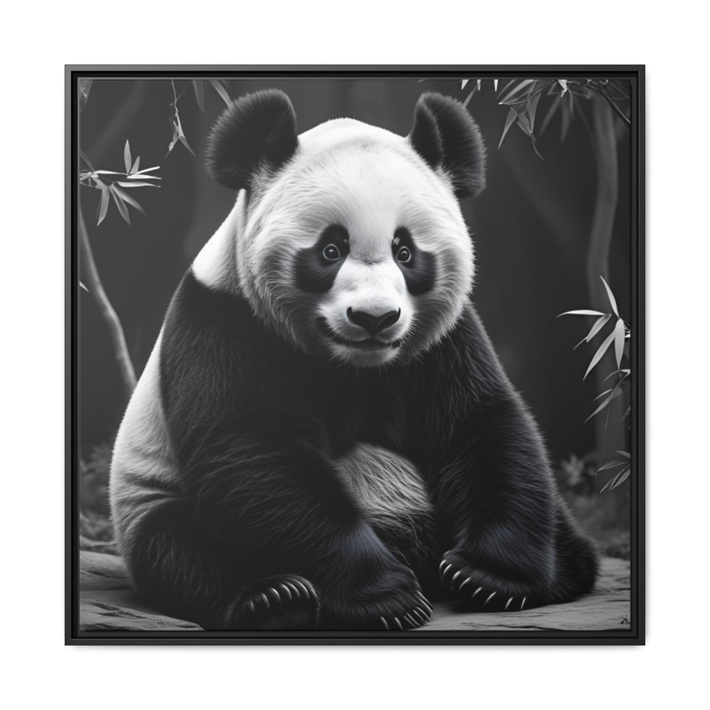 Black and white panda bear sitting on a branch with bamboo leaves in the background