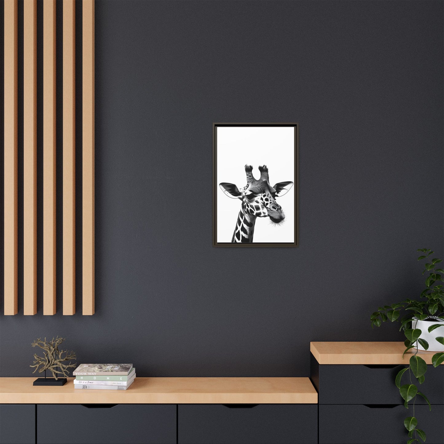 Black and White Giraffe Wall Art – Framed Safari Animal Canvas Print