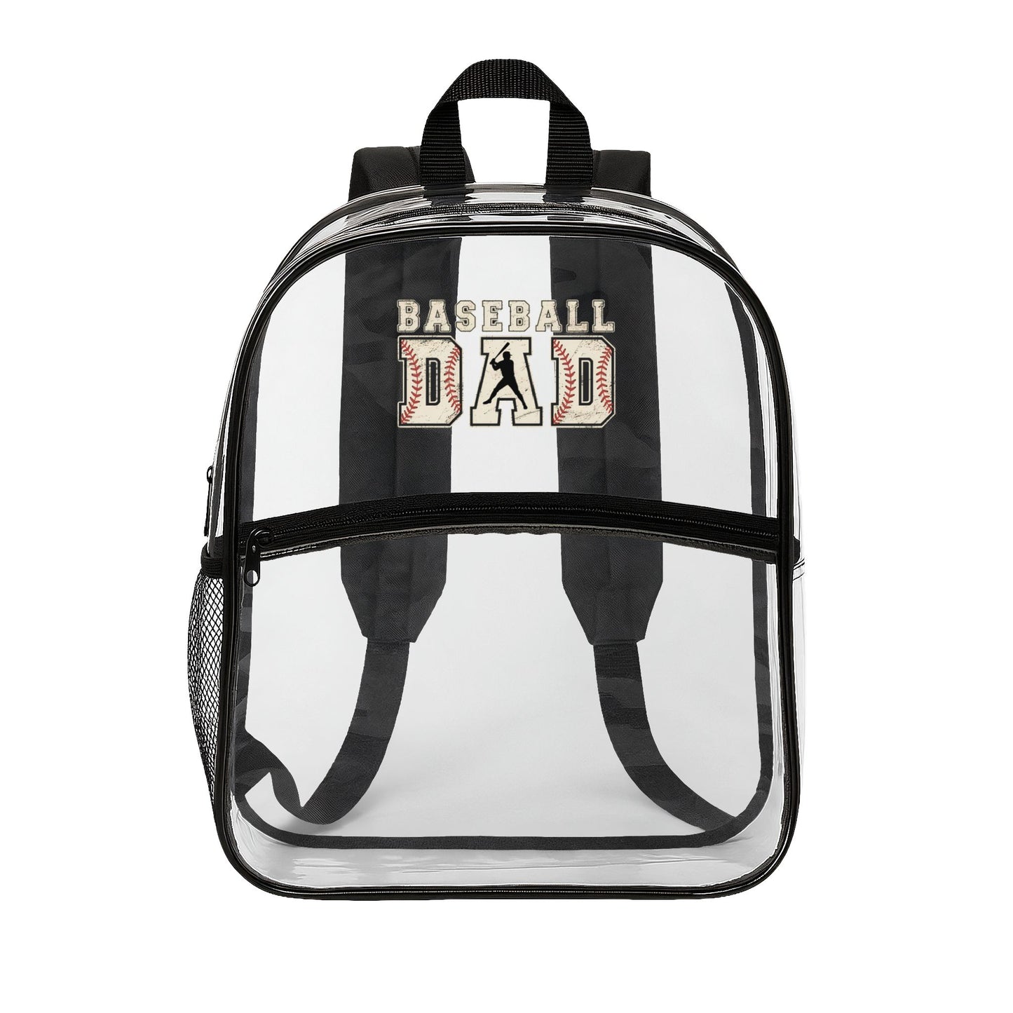Clear backpack with 'Baseball Dad' text on a white background