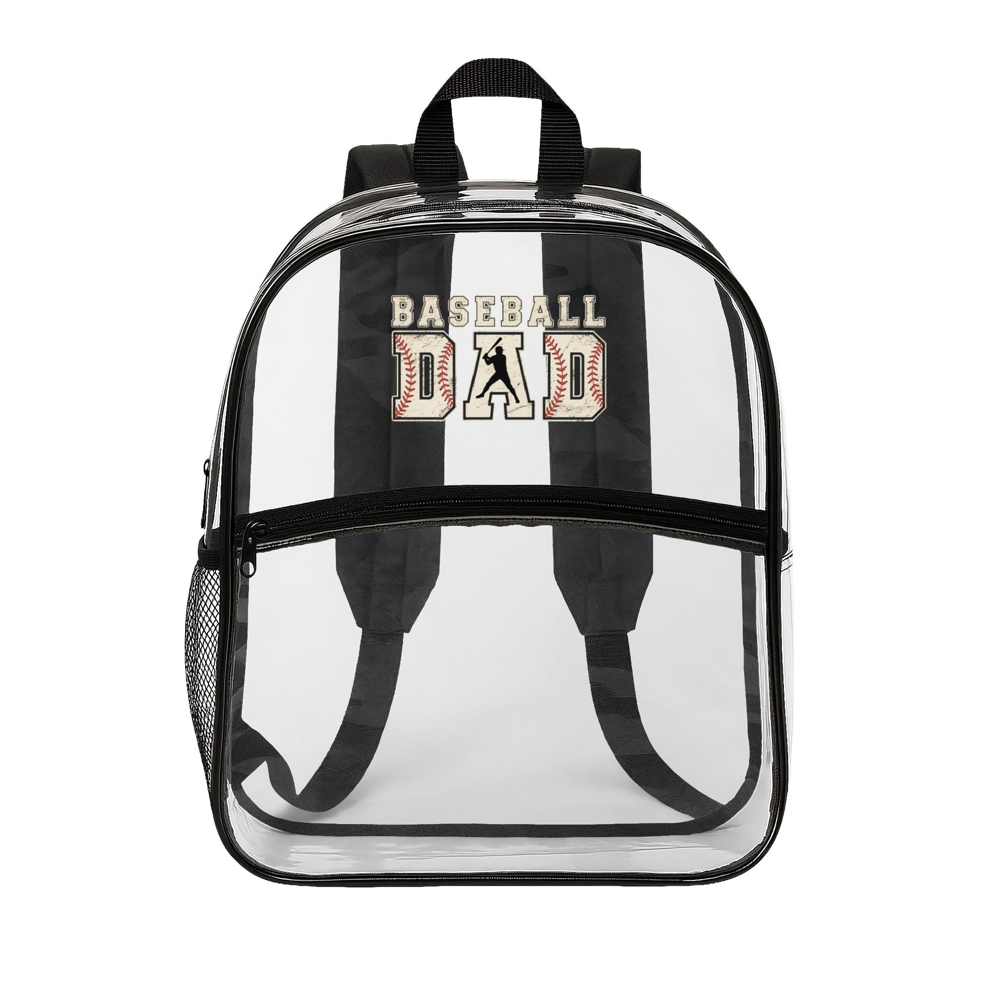 Clear backpack with 'Baseball Dad' text on a white background