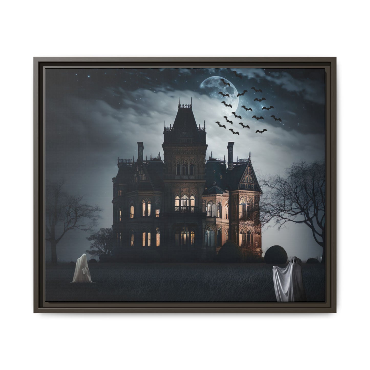 Framed artwork of a haunted house with ghosts and bats at night.