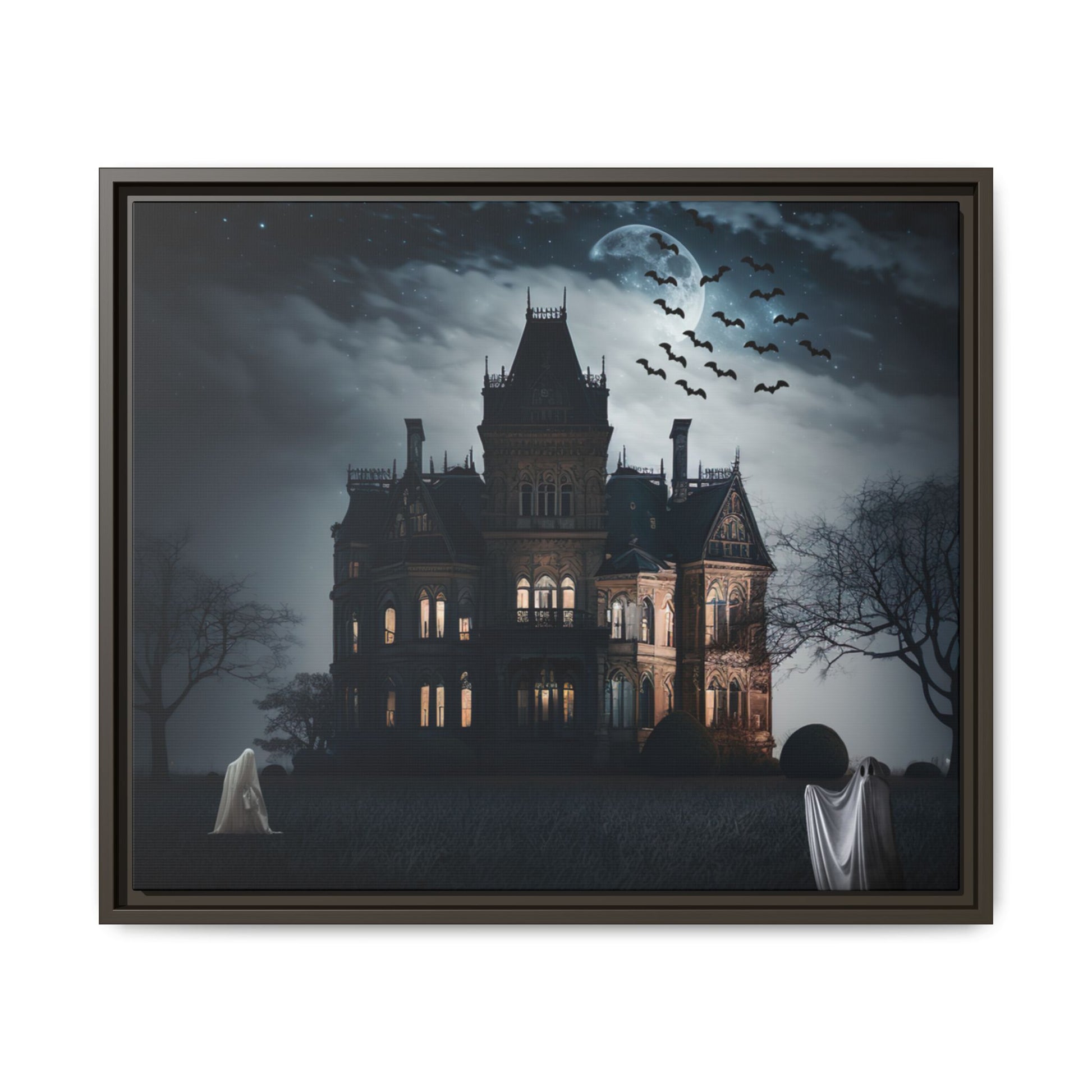 Framed artwork of a haunted house with ghosts and bats at night.