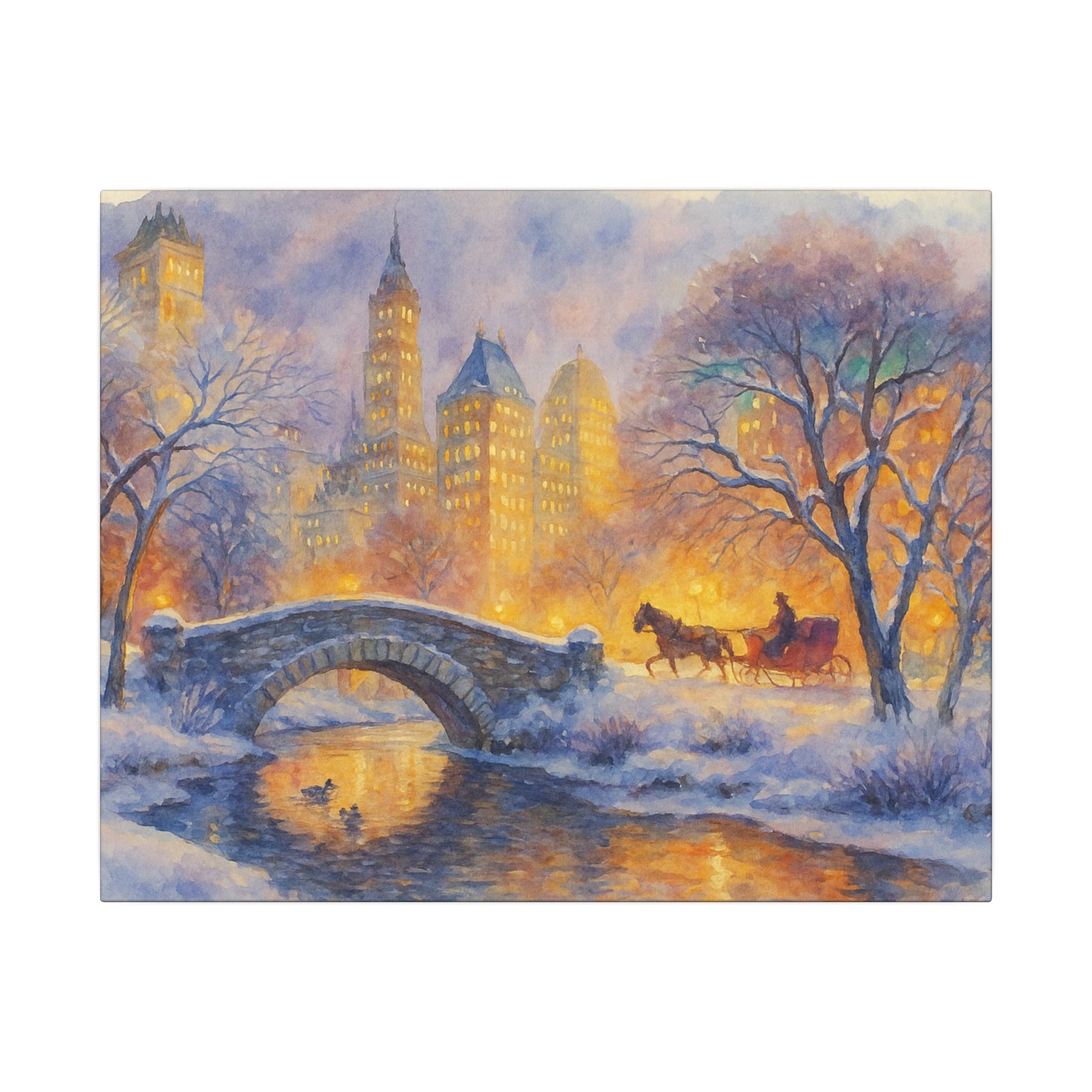 Winter scene with a horse-drawn carriage, bridge, and illuminated buildings.