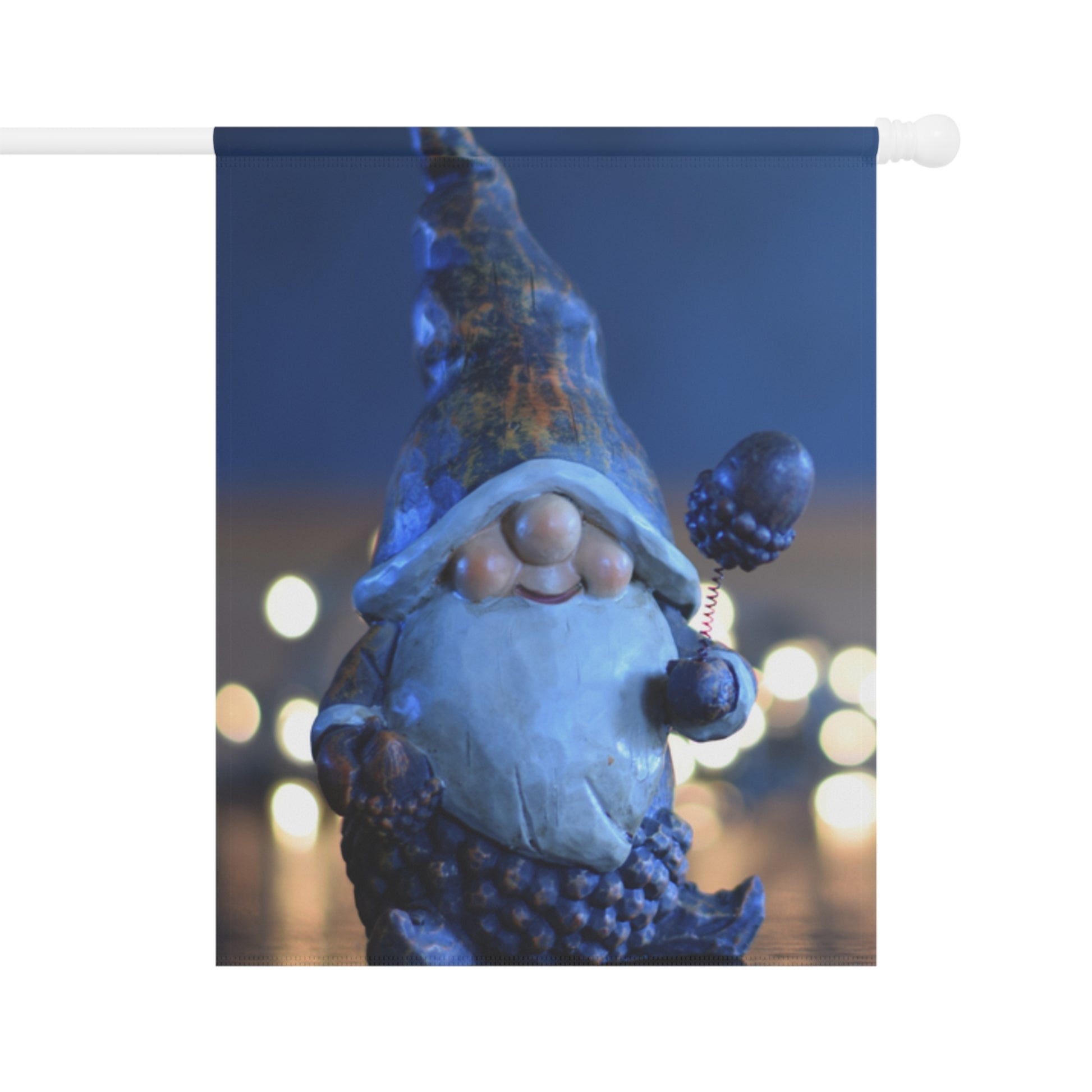 Decorative flag with a gnome design against a blurred light background