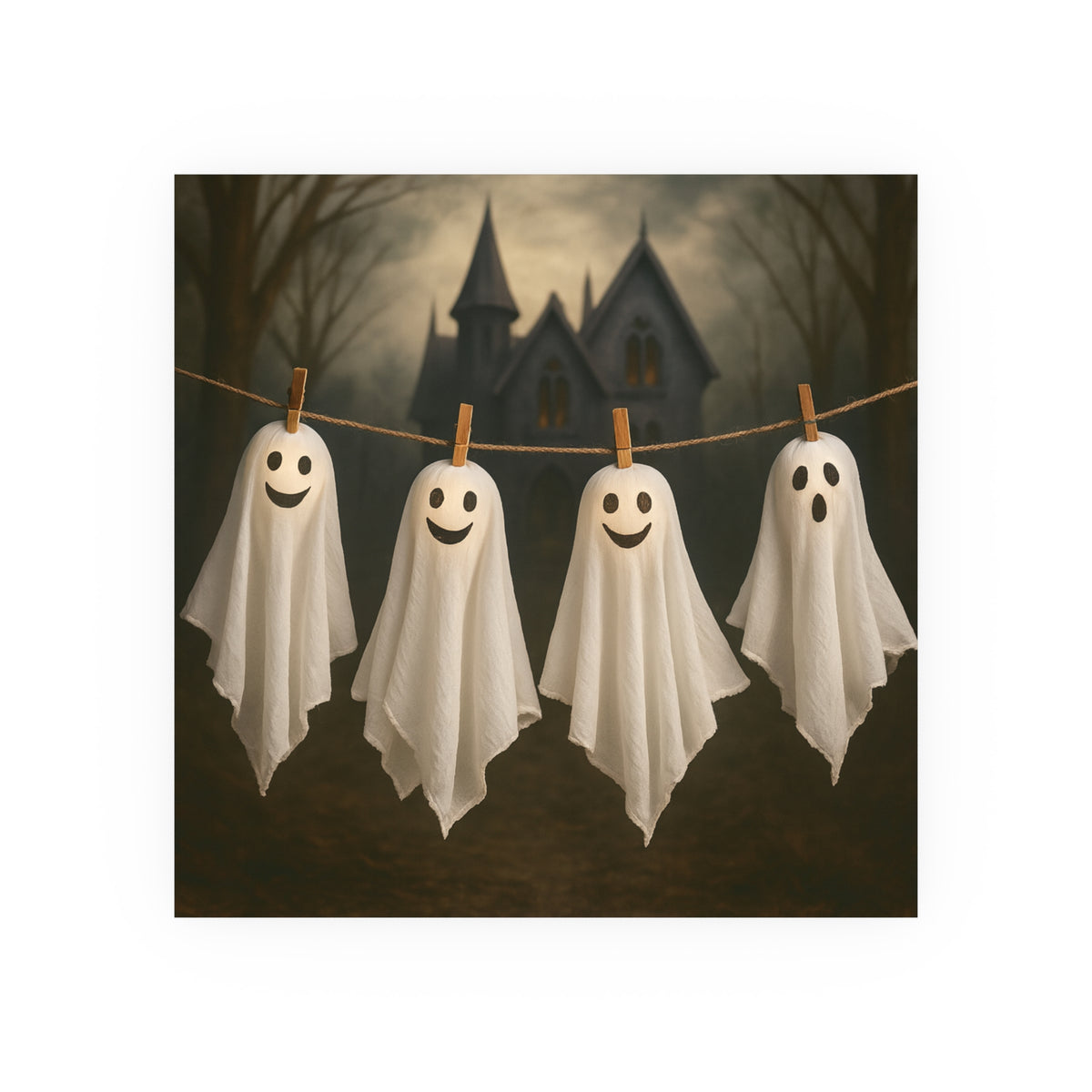 Four white ghost decorations with simple black face details hang from a string on wooden clothespins, set against a spooky haunted house backdrop.