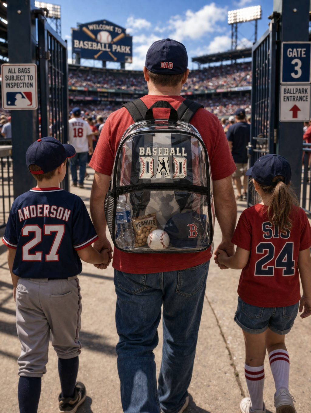 Man with 'Baseball Dad' backpack holding hands with two children at a baseball stadium.